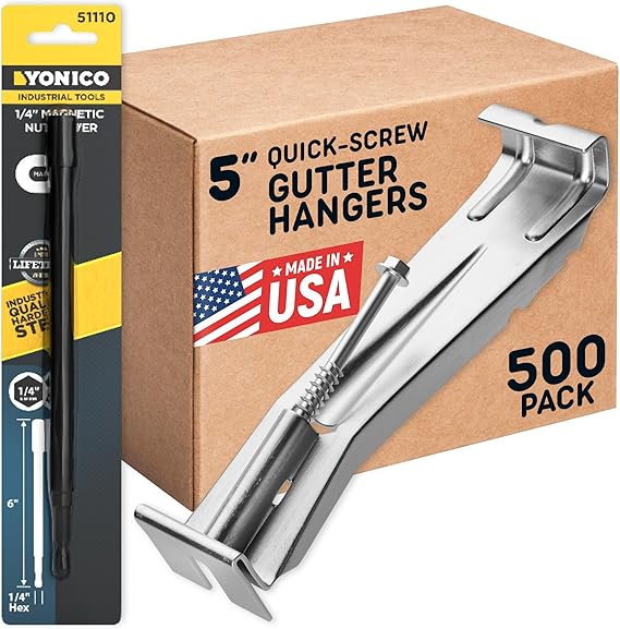 Quick Screw Gutter Hangers 5 Inch- 500 Pack - 5 Inch Gutter Clips with Bonus 6 Inch Drill Bit - Hidden Bracket Clips with Pre-Assembled Screw - Fix Sagging Rain Gutters