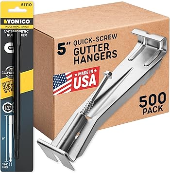 Quick Screw Gutter Hangers 5 Inch- 500 Pack - 5 Inch Gutter Clips with Bonus 6 Inch Drill Bit - Hidden Bracket Clips with Pre-Assembled Screw - Fix Sagging Rain Gutters