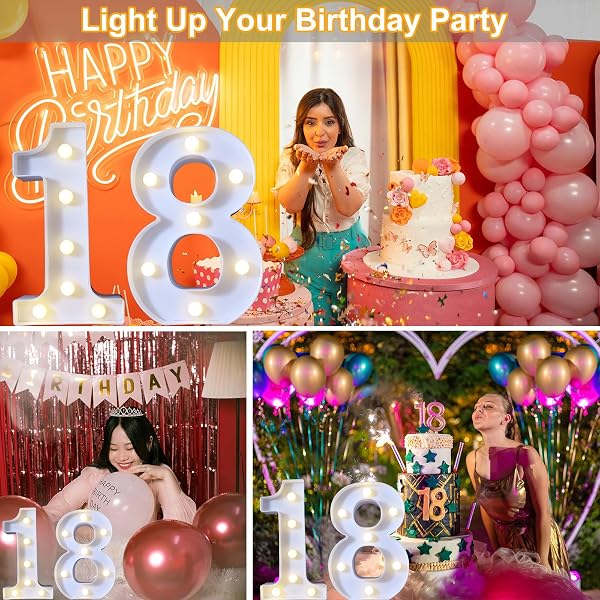 8.8" Decorative LED Light Up Numbers, Marquee Numbers Lights for 18th Birthday Decorations, Lighted Number Sign for Birthday Party Night Lights Anniversary Backdrop Home Decor, White Number 18 - 3