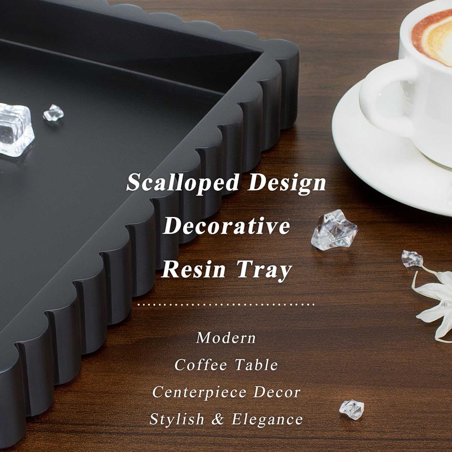 YMXYJM-Scalloped Coffee Table Tray，Ottoman Tray for Modern Home Decor. 14" Decorative Tray for Entryway Table Decor, Living Room Table Decor, Coffee Table Centerpiece - Black Resin - Image 2