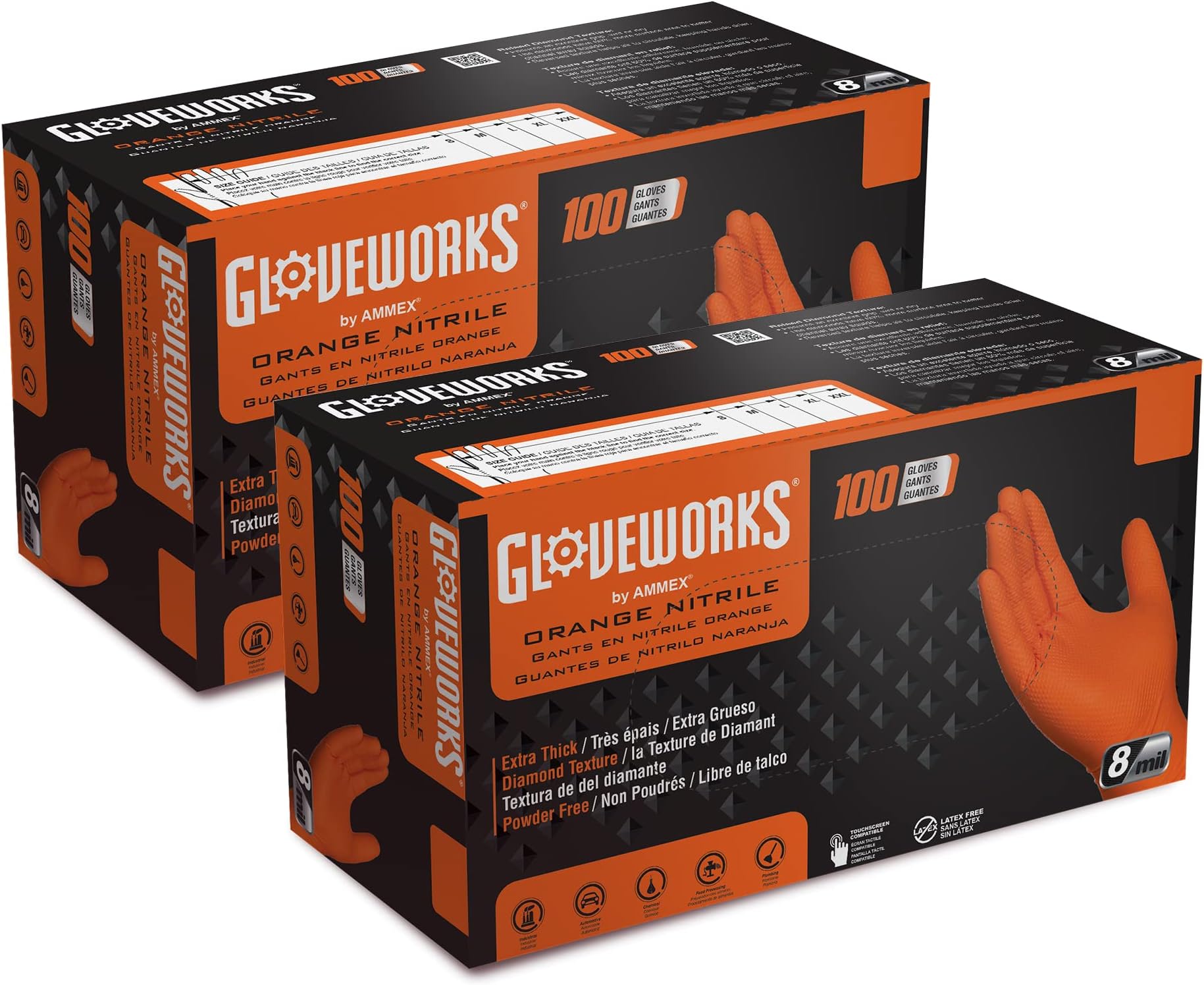 GLOVEWORKS 8 Mil Orange Nitrile Disposable Gloves Heavy Duty Industrial RDT for Mechanic and Automotive, Small 2 Boxes of 100