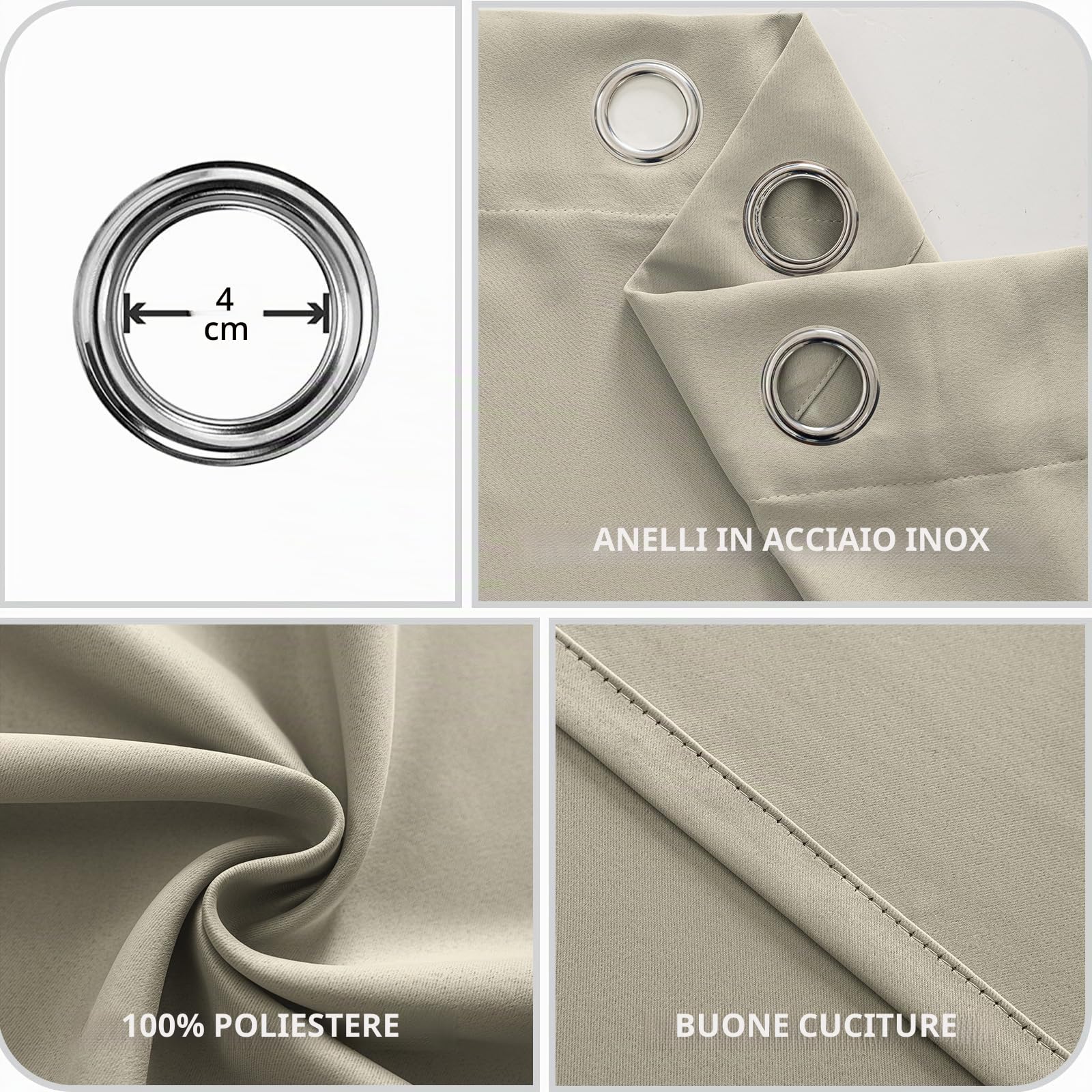 YSTELLAA Impermeabili Tende Oscuranti Per Interni 2 Pezzi, 140×260CM, Tende Termiche Isolanti Con Anelli, Moderne, Fonoassorbenti, Per Soggiorn, Camera Da Letto, Beige