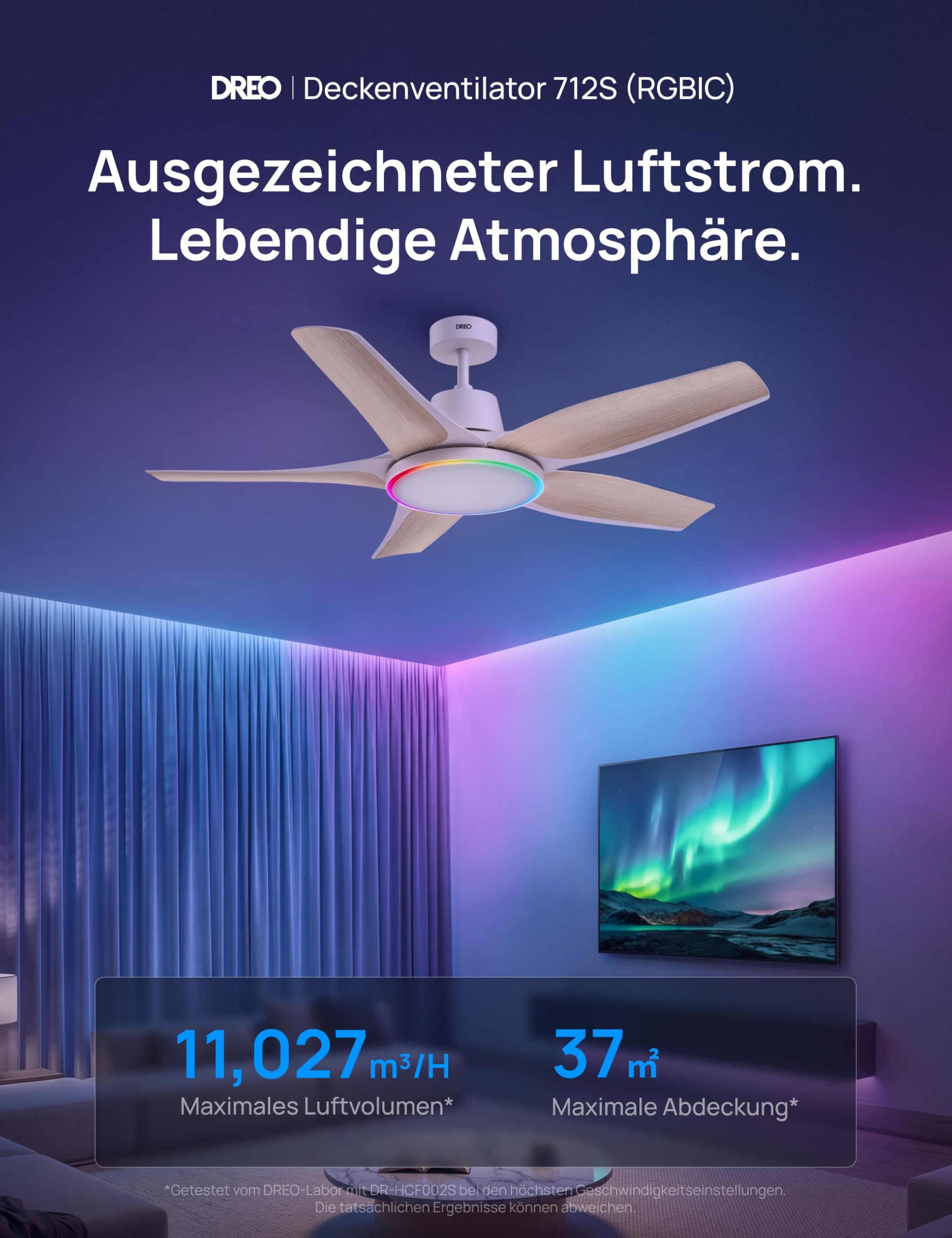 DREO Smarter Low-Profile-Deckenventilator mit Licht, 132 cm, dimmbare LED mit einstellbarer Farbtemperatur, RGB-Ambientlicht, leiser DC-Motor, einfache Montage, App- & Alexa-Steuerung, weiß