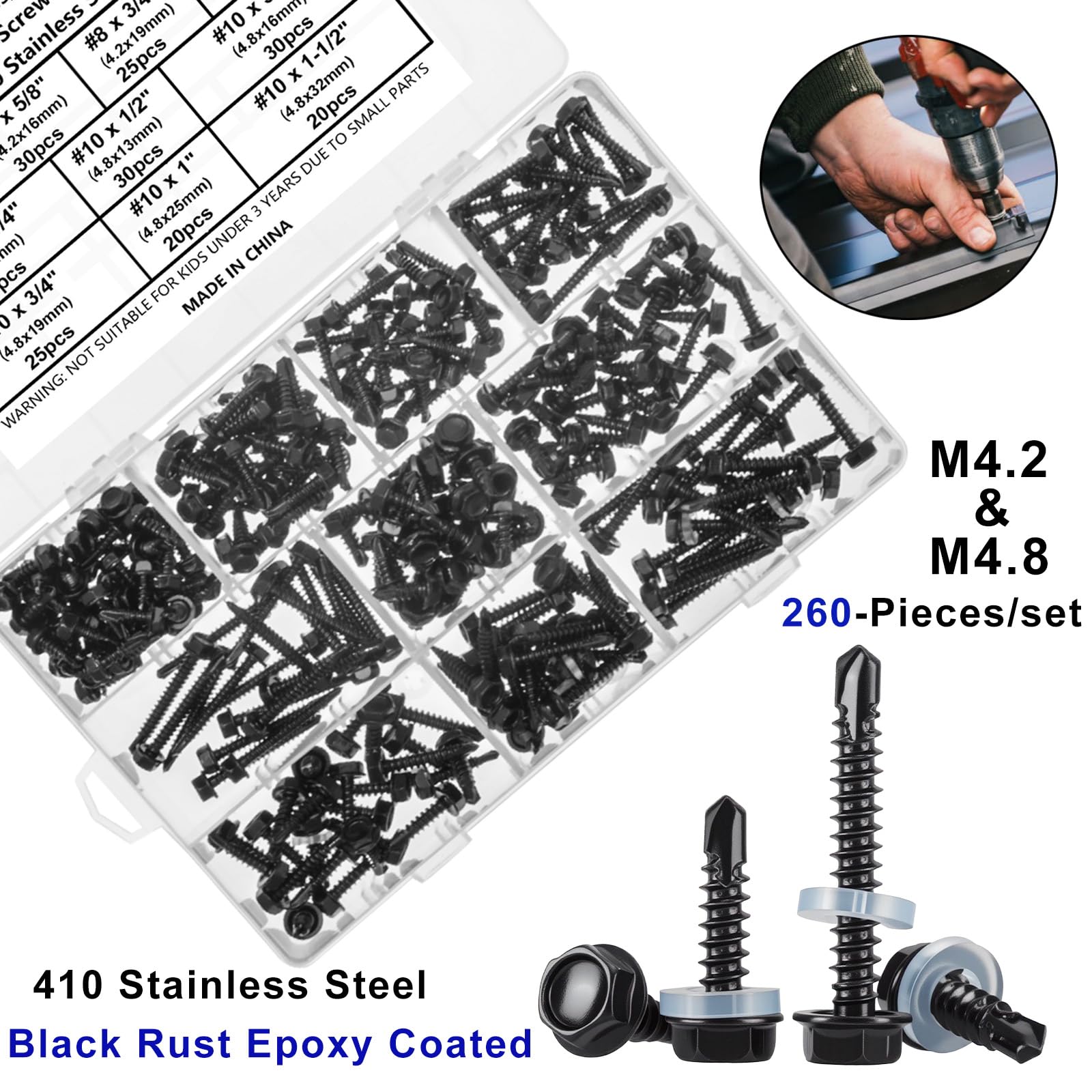 FandWay 260 Pcs Hex Head Self Drilling Screws for Metal,M4.2 M4.8 Hex Washer Self Tapping Sheet Metal Tek Screws,410 Stainless Steel Black Coating,Length 13mm to 50mm for Steel/Wood/Plastic - Image 2
