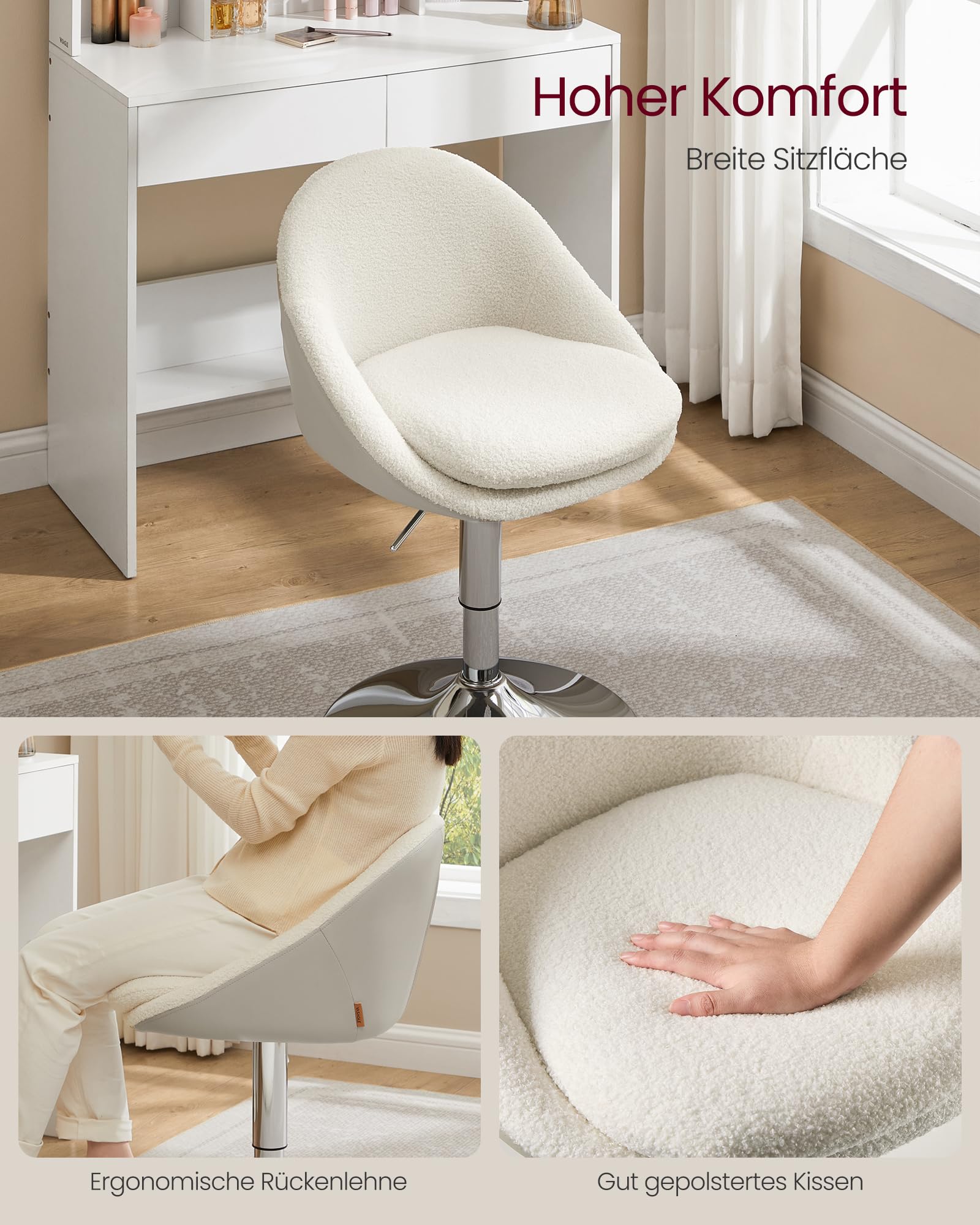 VASAGLE Stuhl verstellbar, Schminkstuhl, Bürostuhl, drehbar, Barhocker mit Rückenlehne und Sockel, Stahl, für Theke, Büro, Schminktisch, Esszimmer, cremeweiß LJB100W01