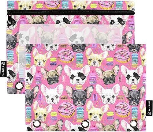 ALAZA Estuche para lápices para carpeta de 3 anillas, diseño de bulldog francés y cachorro, con ventana transparente y cremallera, para suministros