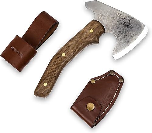 BPS Knives Bushcraft Hacha con funda de cuero, hacha de campamento de espiga completa, hacha de acero al carbono de supervivencia, hacha pequeña
