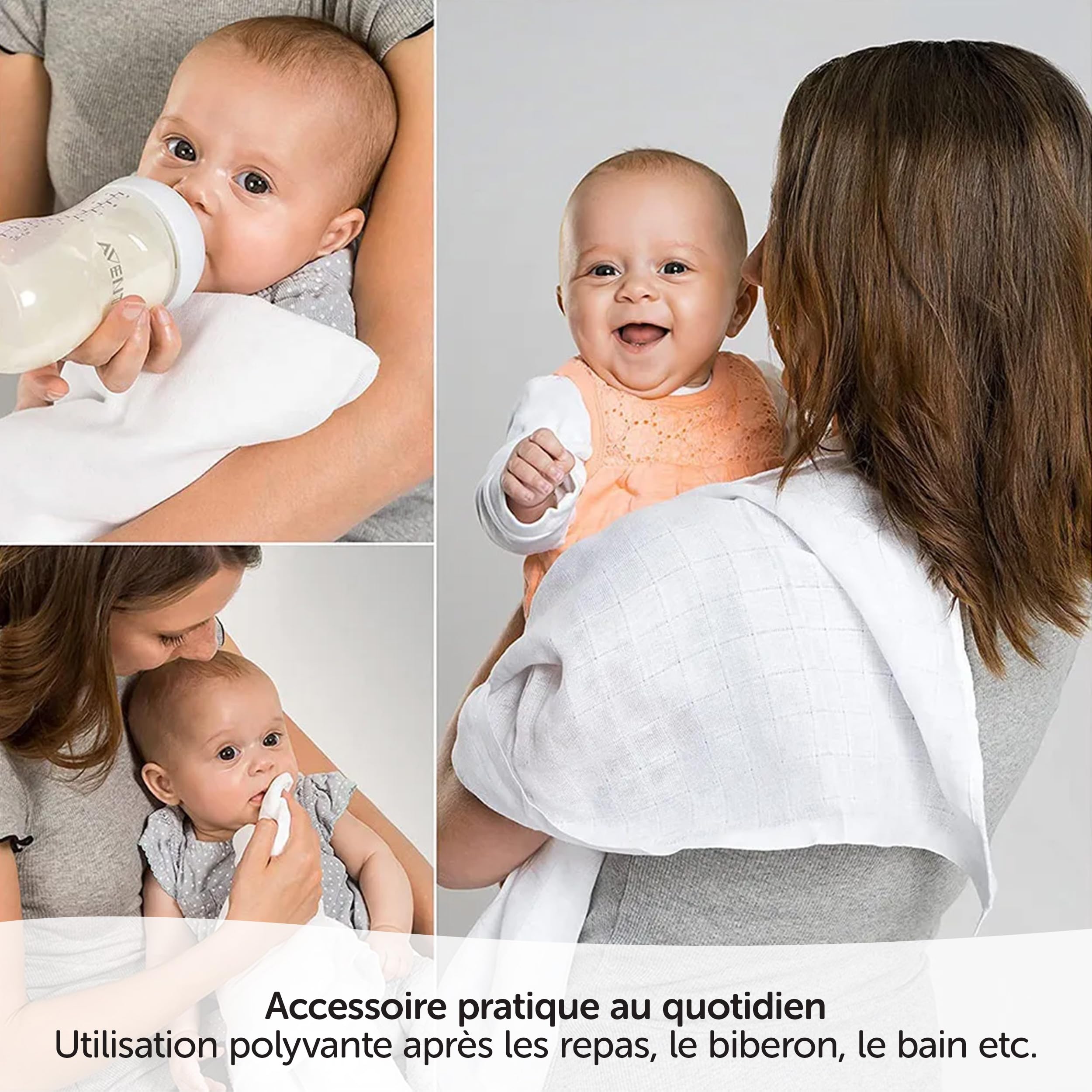 MAKIAN - Lange Bebe (Lot 10 Pièces) 80x80 cm - 100% Coton Doux Mousseline de Qualité Supérieure, Double Gaze, Bordure Renforcé, Certifié Oeko Standard - Blanc