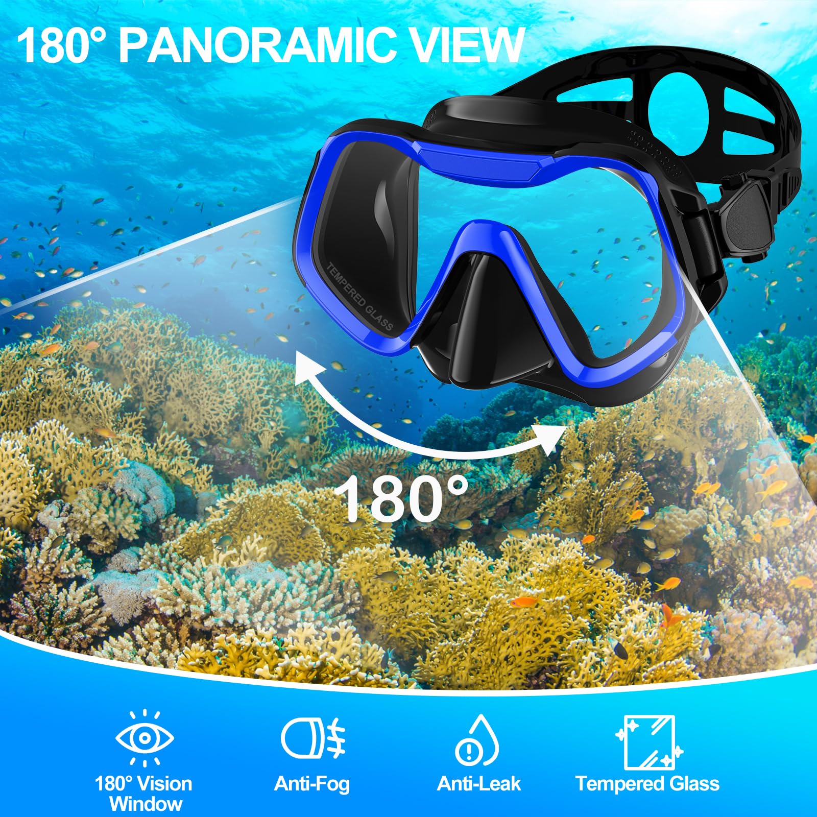 Maschera Subacquea Adulti, Tonfarb Maschera Snorkeling con Maschera e Boccaglio, Panoramica a 180 Gradi e Boccaglio Snorkel, Anti-Nebbia Antiperdita Maschera Sub per Giovani e Adulti