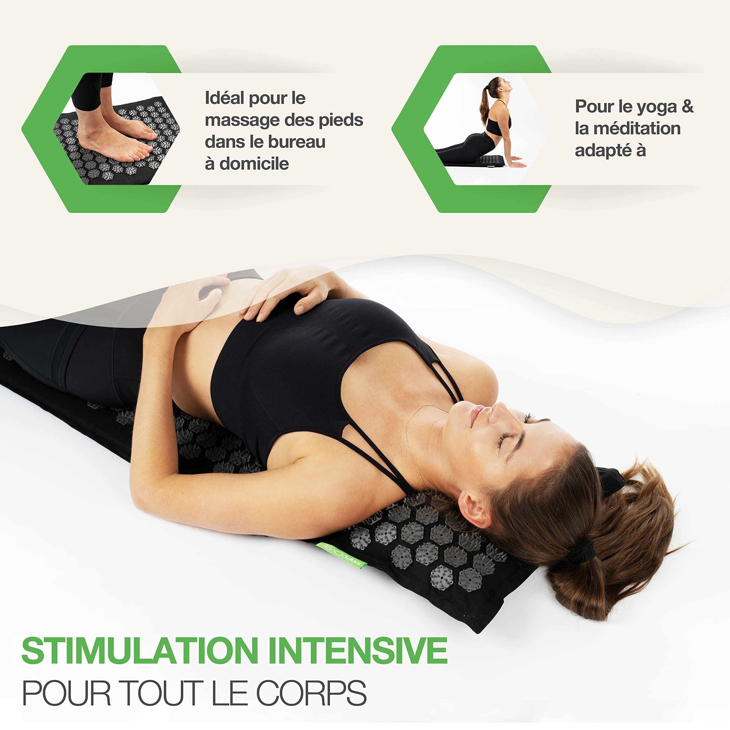 BACKLAXX® Tapis d'Acupression Intensiva avec Coussin, pour Confirmés | Stimulation extra intense: tapis acupression avec coussin, serviette & sac, tapis fleur à picots pour utilisateurs avertis