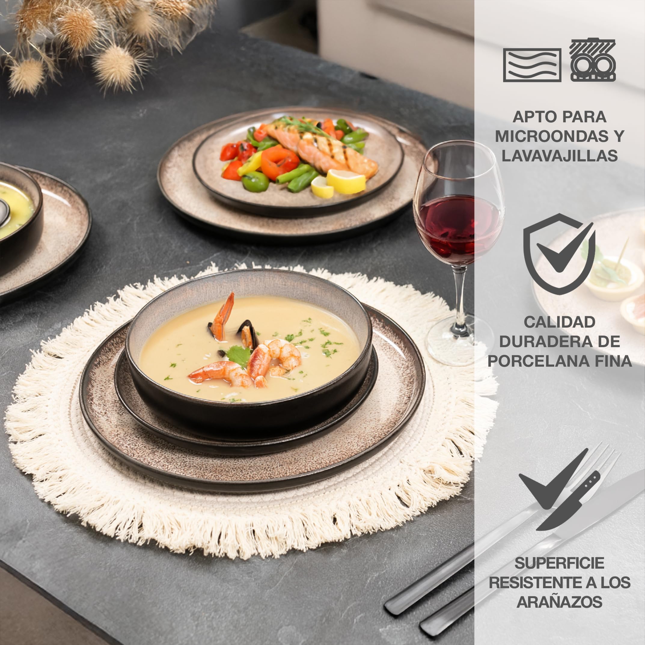 Moritz & Moritz VIDA Juego de 18 piezas de platos de mesa Juego de vajilla combinada en beige para 6 personas - de porcelana apta para el lavavajillas y el microondas
