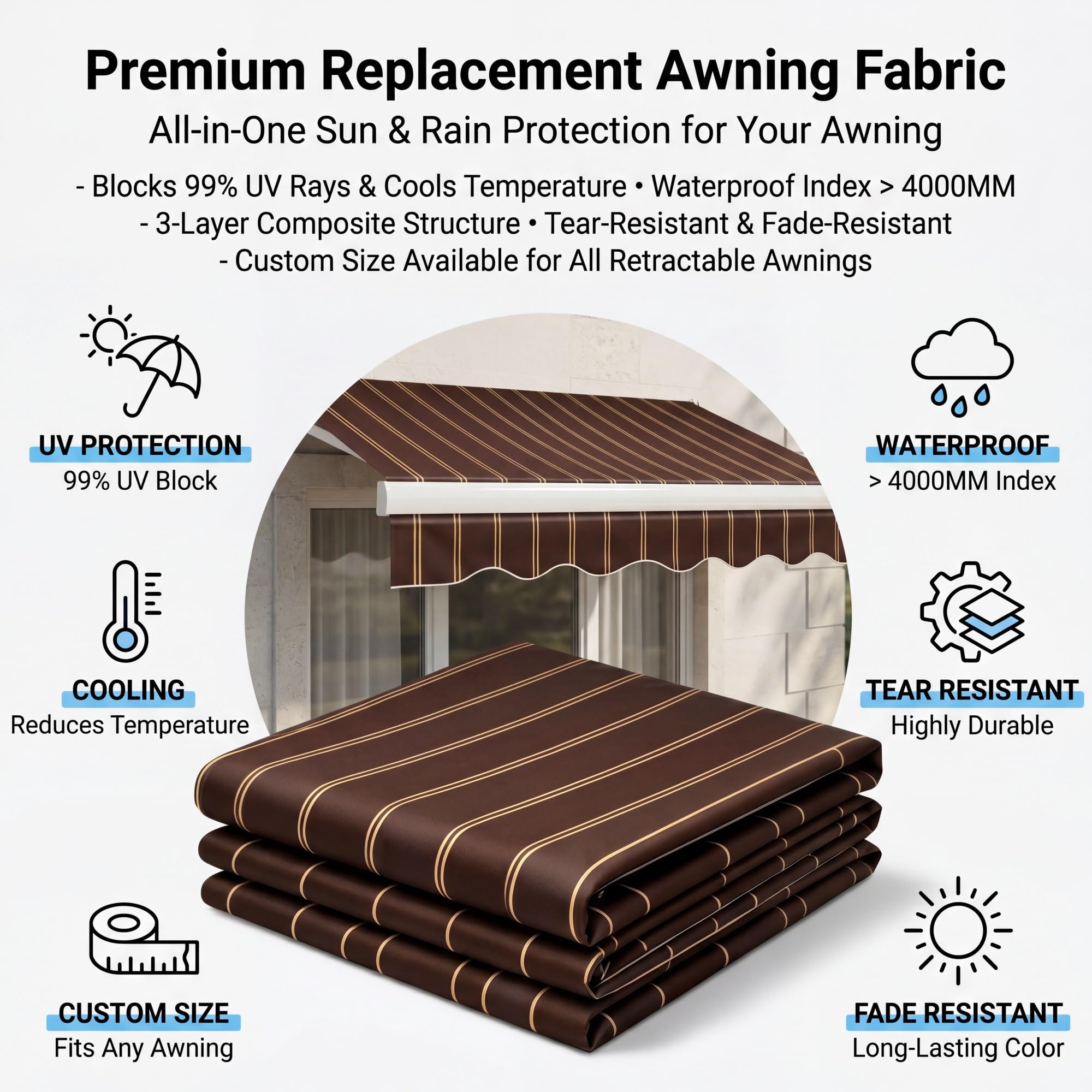 Tessuto di Ricambio per Tendalino Retrattile，Ricambio Telo Tenda da Sole A Bracci Estensibili per Esterno 3x2 M，Impermeabile，Supporto Non Incluso(Style A,6.6x5ft/2 * 1.5m)