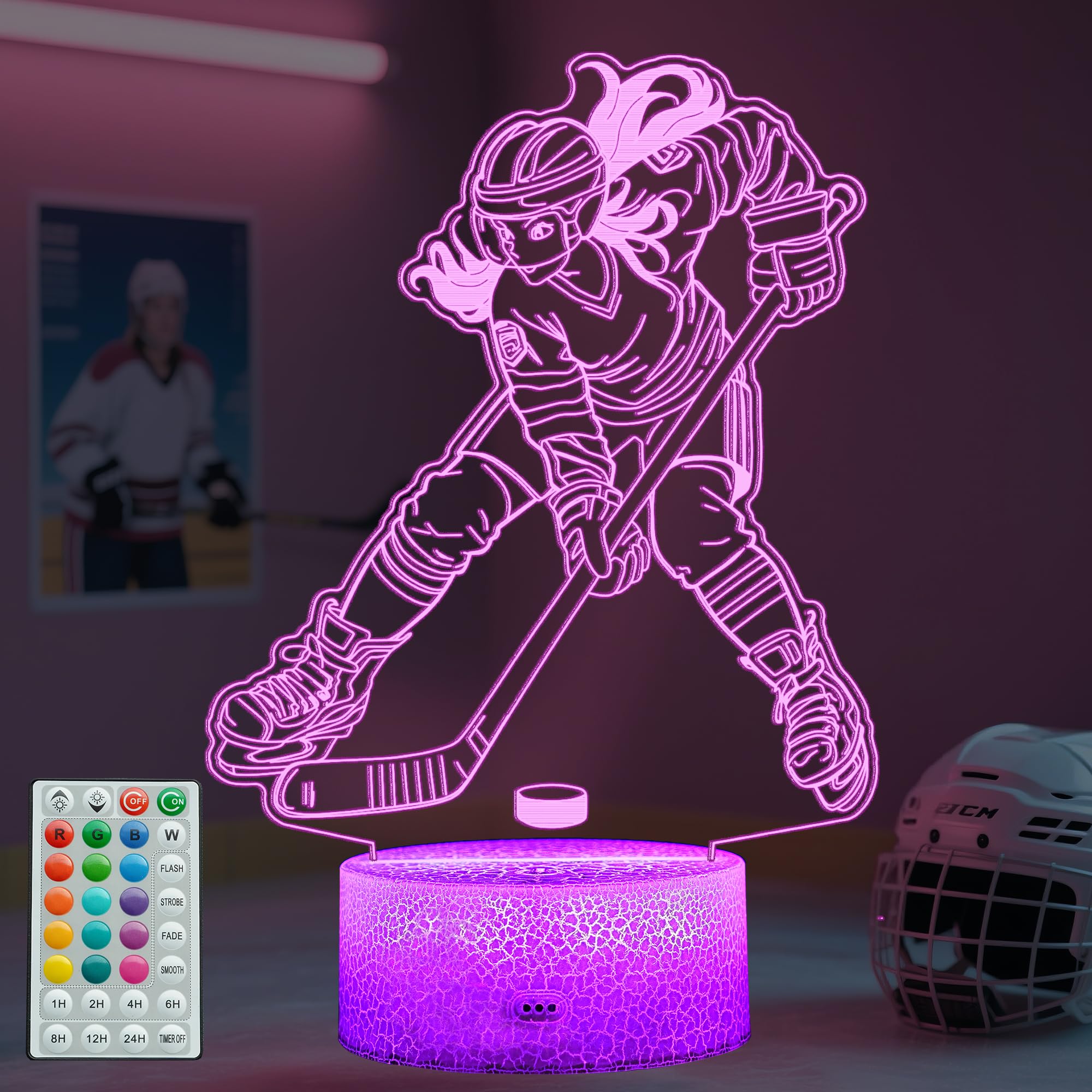 Hockey Night Light, Hockey Gifts for Girl, 3D Night Light with Remote Control, 16 Colors Changing, RGB Flashing Mode, Timer and Dimmable, Gifts for Boys Christmas Decor