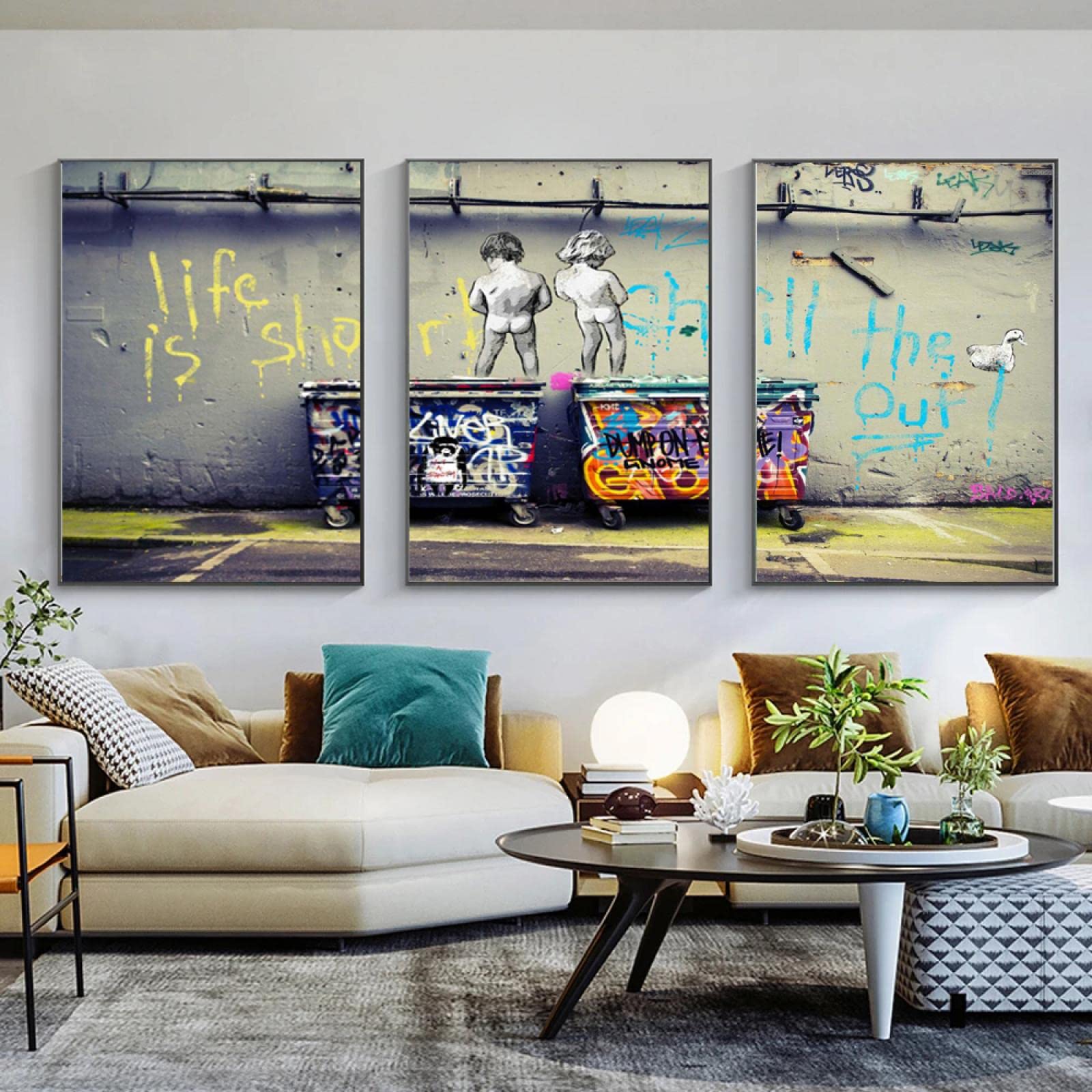 Lienzo pintado Banksy Street Art "Life Is Short Chill, Ducks Fly", carteles e imágenes impresas de graffiti en la pared, decoración del hogar, 70 x 90 cm (28 x 35in) x3, marco interior