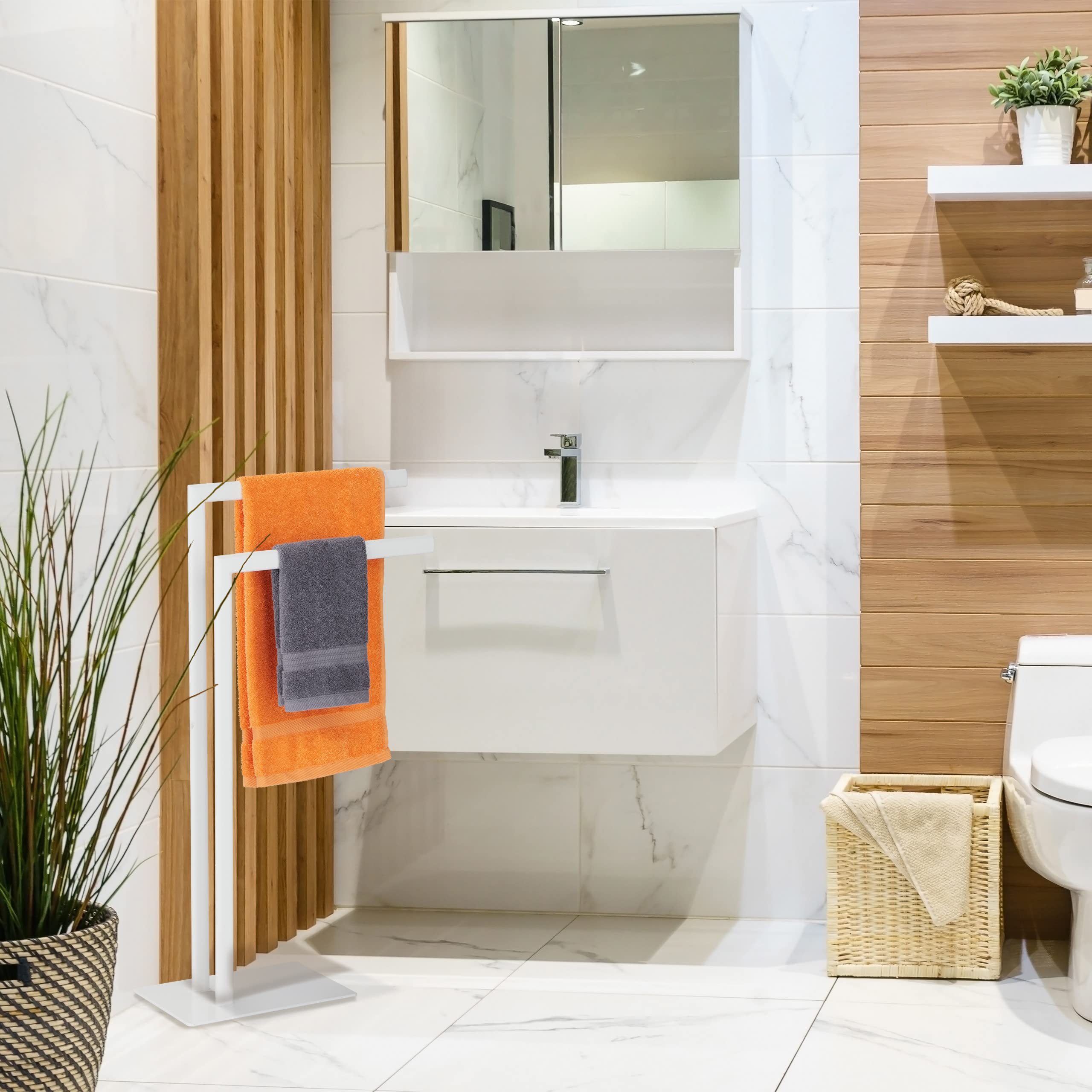 Relaxdays Porte-Serviettes Non Fixe, 2 Barres, Acier, H x L x P : env. 81 x 48 x 20 cm, pour Salle de Bain, Blanc