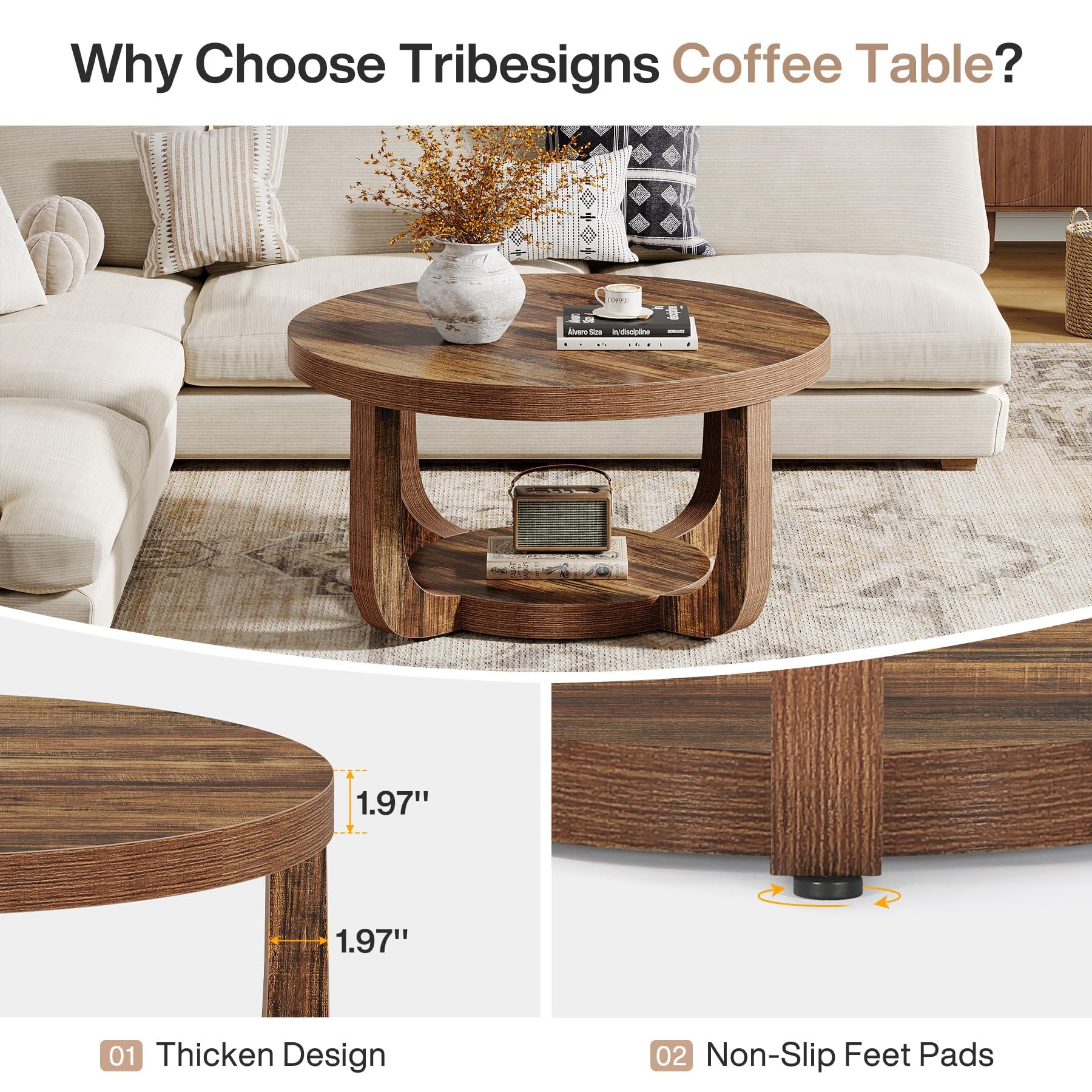 Tribesigns - Tavolino rotondo da caffè, tavolino a 2 ripiani con spazio di archiviazione, tavolino centrale in legno moderno per soggiorno, piano e base spessi, marrone rustico