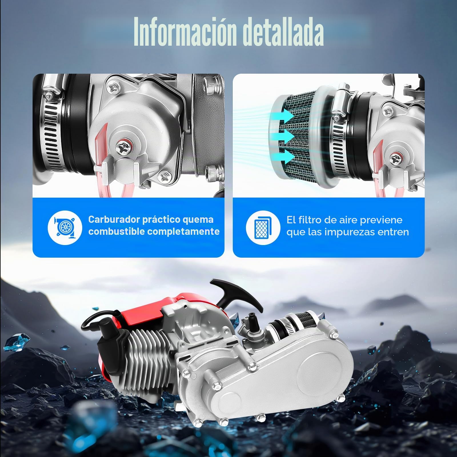 Pocket Bike Motor 49 ccm Motor de 2 tiempos 44 mm de orificio, Pocket Quad Motor L7TC bujías tamaño mini motor de gasolina motor de gasolina con asas y cable de acelerador, motores de pocketbike