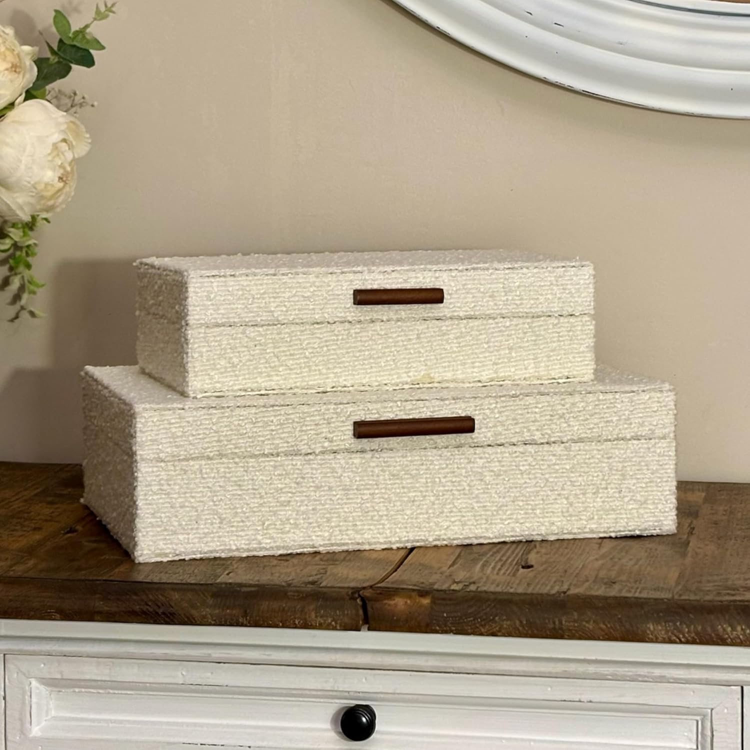 HISTOIREDECHOS Set of 2 Ivory Bouclé Fabric Storage Boxes with Wooden Handles - Modern Jewelry, Keepsake & Photo Organizers, 14.2x8.6x3.5in