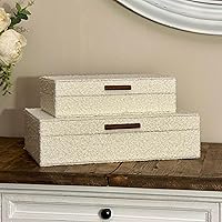 HISTOIREDECHOS Set of 2 Ivory Bouclé Fabric Storage Boxes with Wooden Handles - Modern Jewelry, Keepsake & Photo Organizers, 14.2x8.6x3.5in