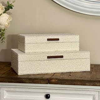 HISTOIREDECHOS Set of 2 Ivory Bouclé Fabric Storage Boxes with Wooden Handles - Modern Jewelry, Keepsake & Photo Organizers, 14.2x8.6x3.5in