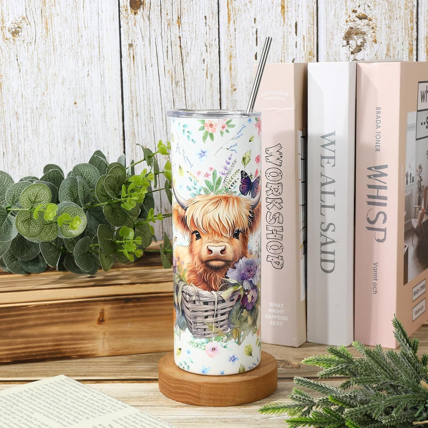 Whaline Highland Cow Tumbler with Lid and Straw Watercolor Cow Flower Butterfly Stainless Steel Cup Cute Tumbler Cup Travel Coffee Mug for Daily Holiday Decor Gift Supplies - Image 3