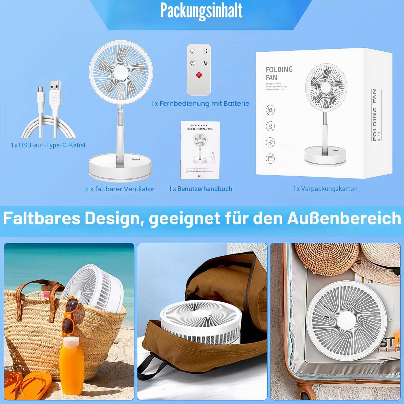 LIPETY Tragbarer Faltbarer Oszillierend Ventilator - 8,6" 8000mAh Akku Aufladbar USB C Klein Tischventilator mit Fernbedienung Leise Standventilator Table Fan für Hause Zimmer Büro Reisen Camping