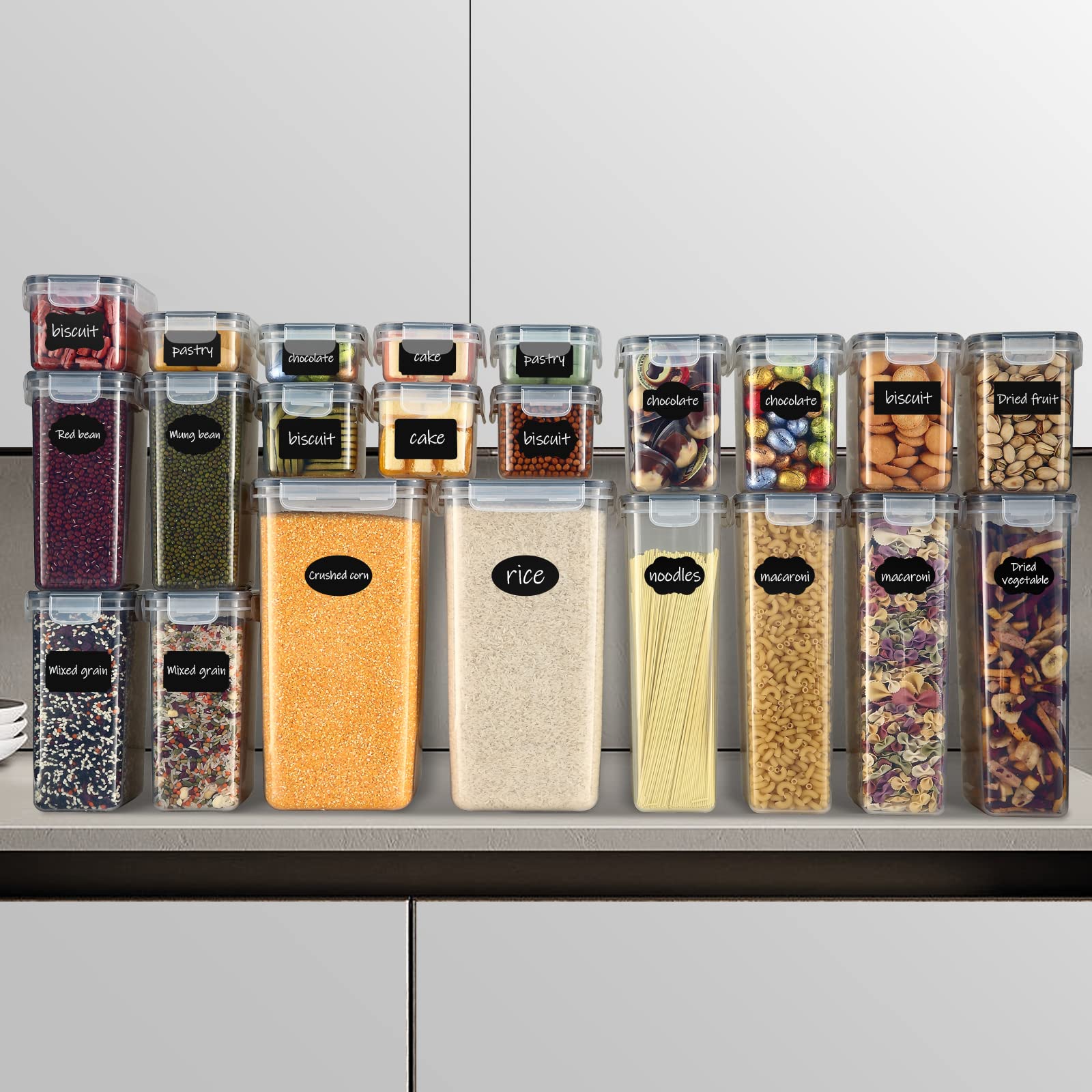 Contenedores de alimentos de 42 L con tapas herméticas, juego de organizadores de cocina, sin BPA, transparente, 24 piezas