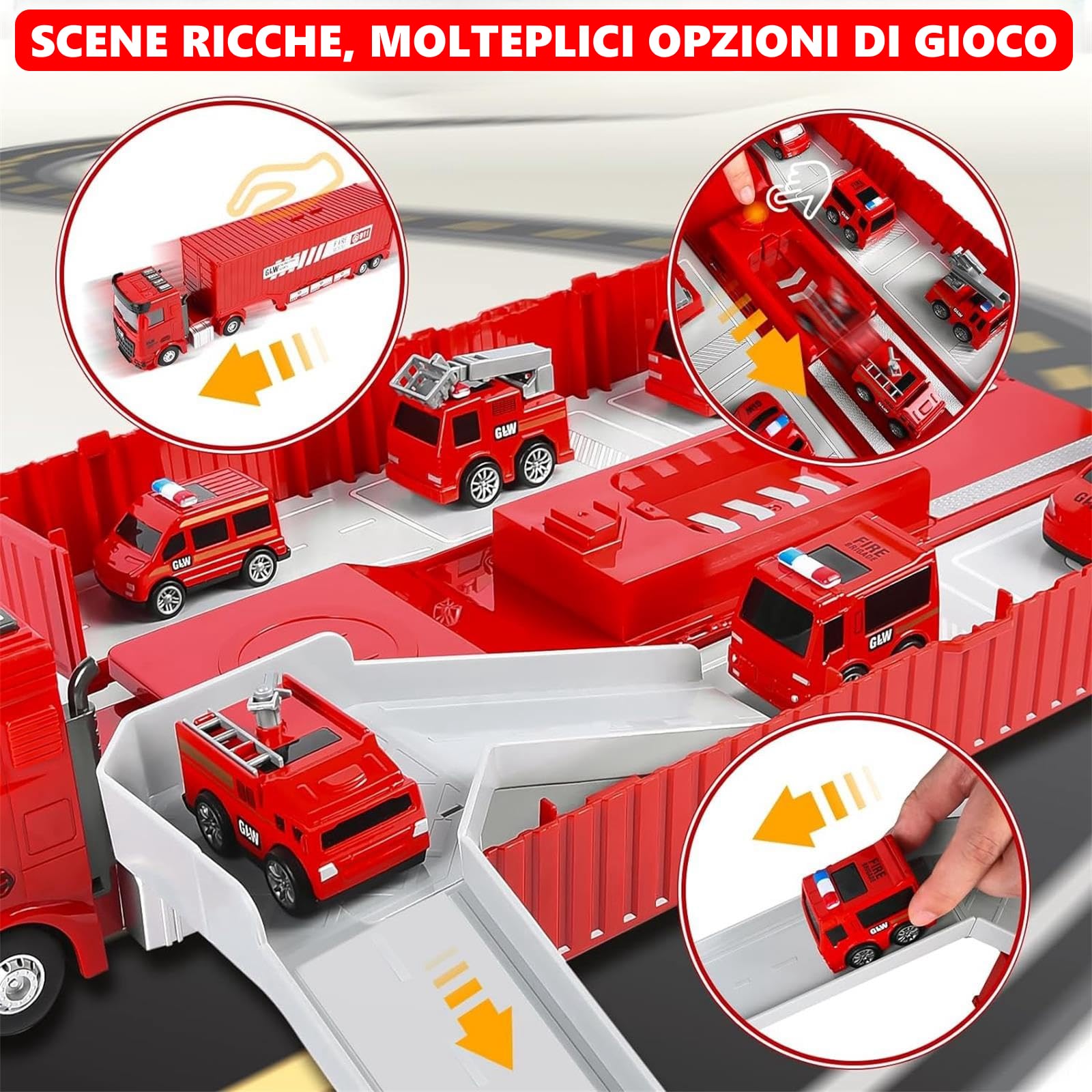 Camion Pompieri per Bambini, Veicoli da Cantiere, Veicolo Giocattolo da Trasporto con Musica e Luci, 6 Mini Camion Pompieri, Giocattolo Della Gru