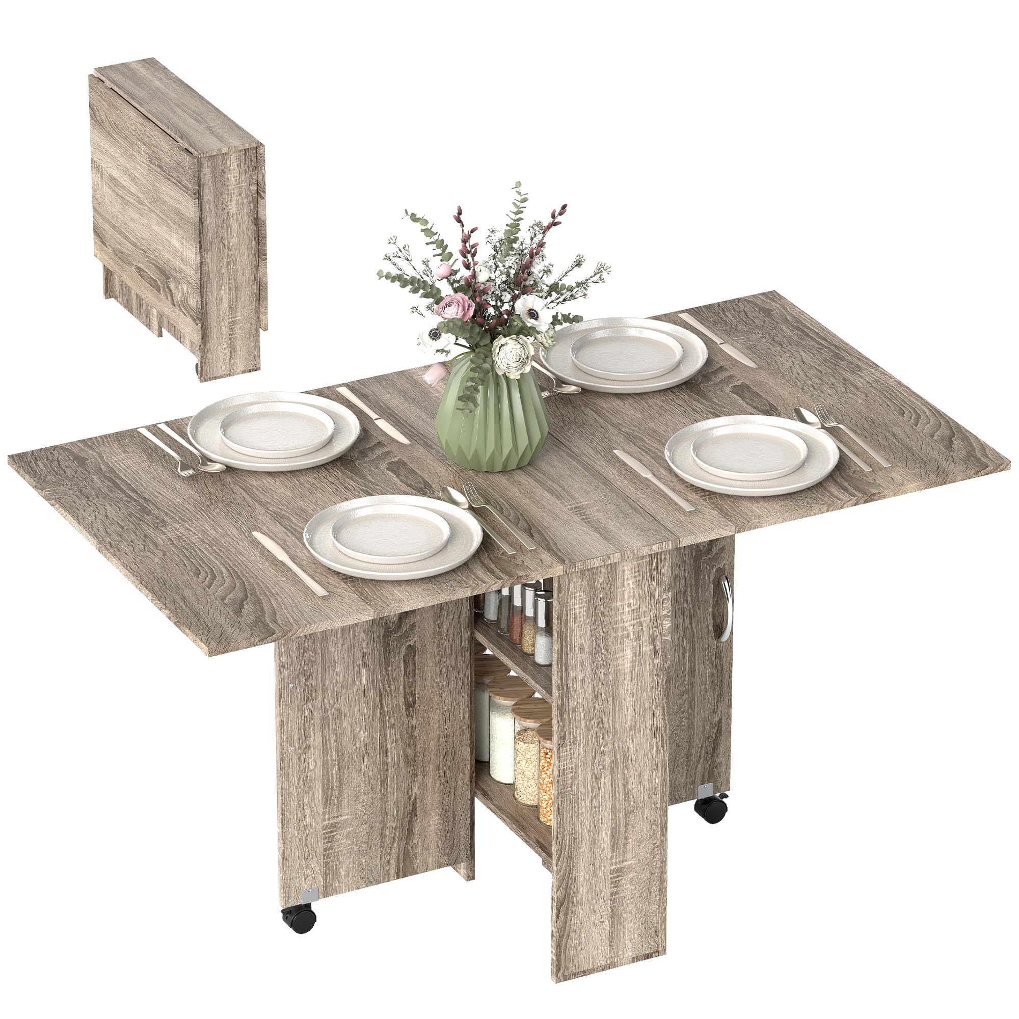 HOMCOM 80-140 cm Folding Dining Table for 4-6 People, Drop Leaf Table with 2-Tier Shelves, Rolling Casters, for Small Spaces, Kitchen, Flat, Dining Room, Grey