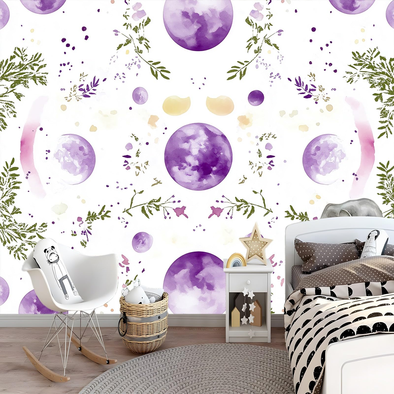 Panoramiczne tapety kwiaty akwarela księżyc fioletowy zielony 200 x 140 cm (szer. x wys.), gigantyczny plakat ścienny 3D nowoczesna tapeta dekoracja ścienna salon sypialnia sypialnia biuro tapeta