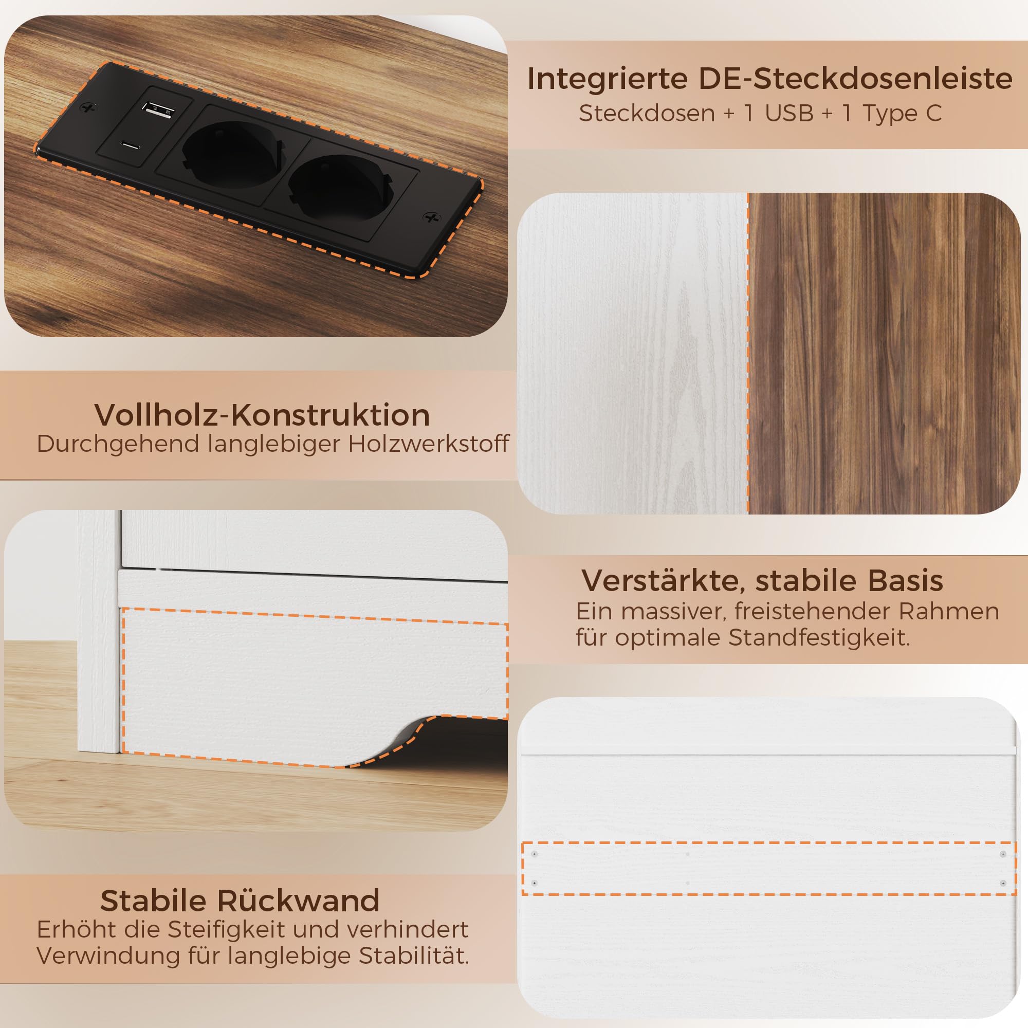 IRONCK Küchenschrank Sideboard mit Steckdose 2AC+1USB+1C, Aufbewahrungsschrank 3 Schubladen 3 Türen, Küchenbuffet Kaffeebar Schrank für Wohnzimmer Esszimmer, verstellbare Ablage 107x35x95cm (Weiß)