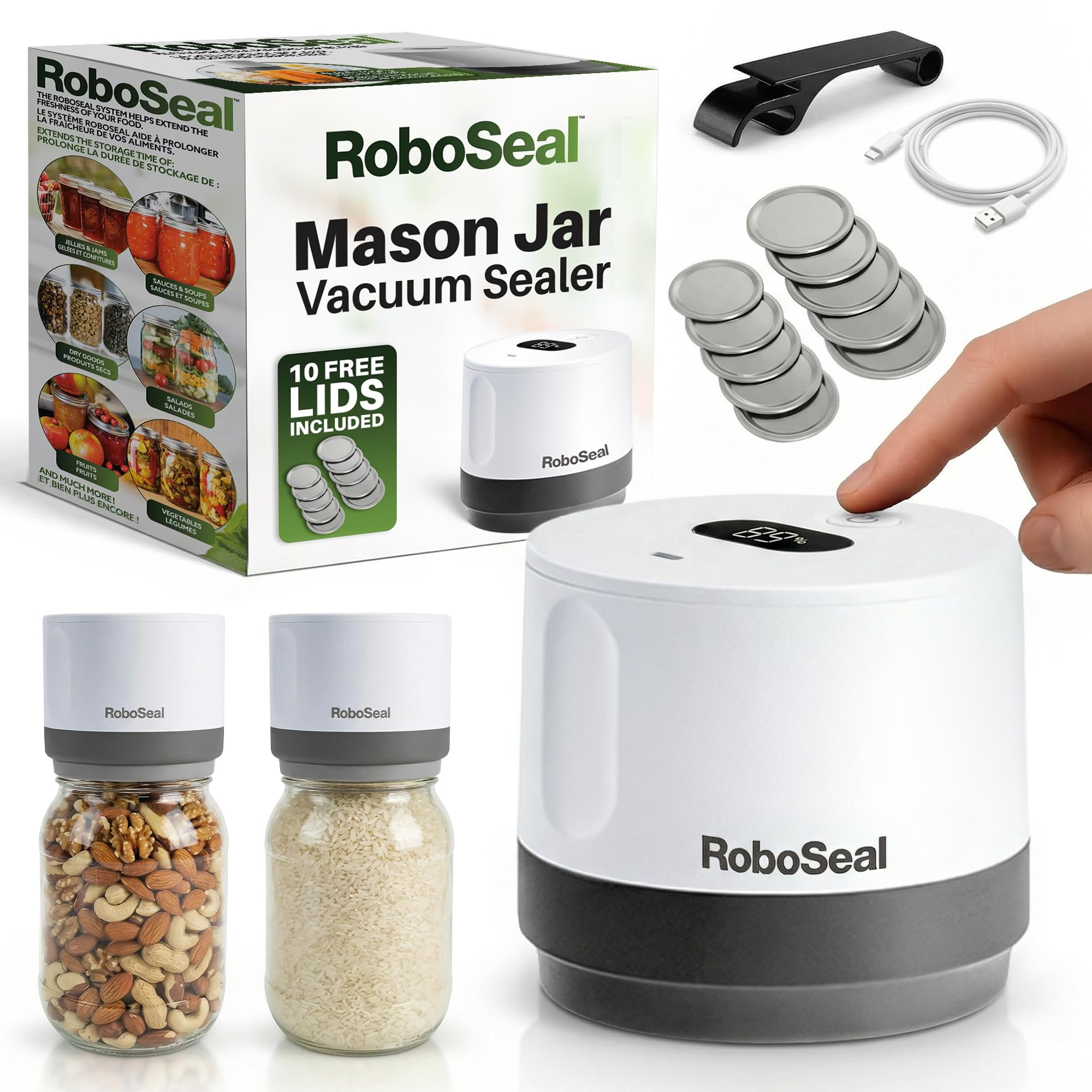 RoboSeal Electroc Mason Jar Vacuum Sealer Kit with 10 Lids, Works on Wide & Regular Mouth for Canning Food, Auto Stop One Touch Operation, Digital