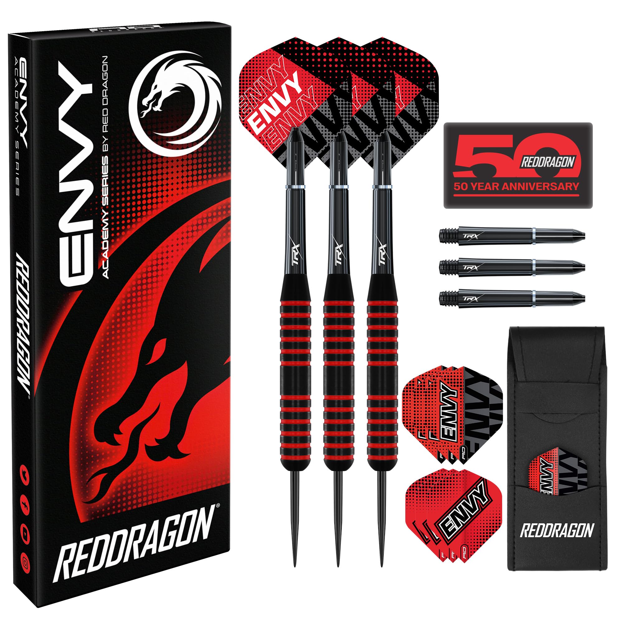 RED DRAGON Darts – Envy Series - Czarno-Czerwny Profesjonalny Mosiężny Zestaw Rzutek z Lotkami, Trzonkami i Etui - Dostępne z Miękką Końcówką 18g Barelka/ 20g Pełna Waga i Stalowym Grotem 22g & 24g