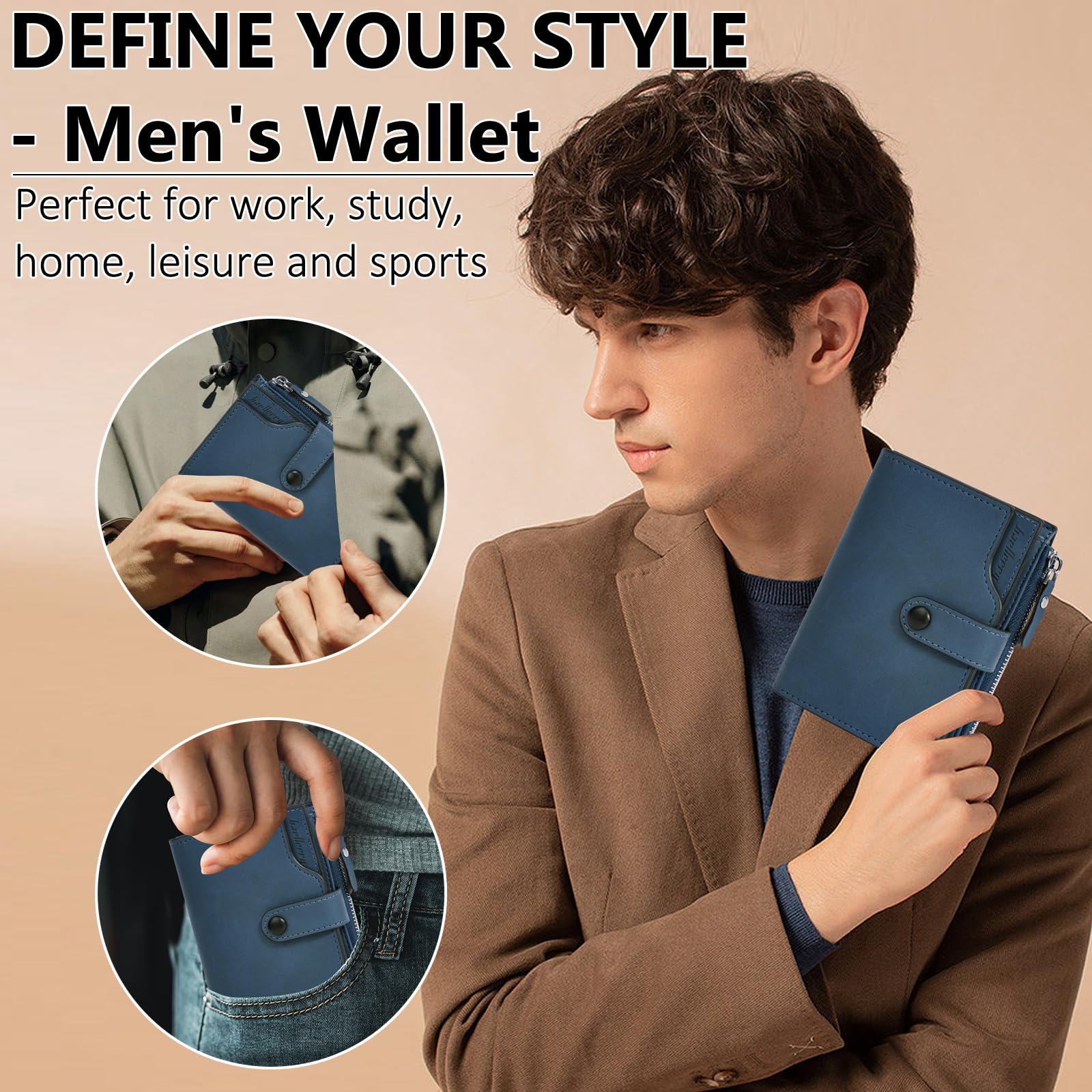 HNOOM Cartera para Hombre con Bloqueo RFID Billeteras con 17 Ranuras Monedero con Cremallera | Regalo Ideal para Hombres | Protección Antirrobo | Cartera Pequeña y Funcional (Azul)