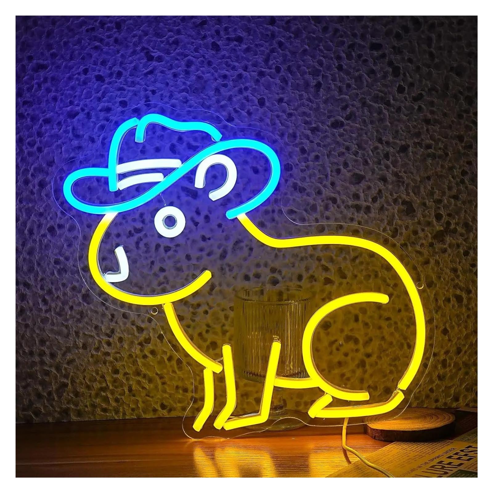 XENITE Hanging Art Neon Signs Capybara Neon Sign Cute Cowboy Hat Animals for Wall Decor Bar Night Backdrop Business Creative USB Powered 14.07x13.21inch /35.75x33.55cm