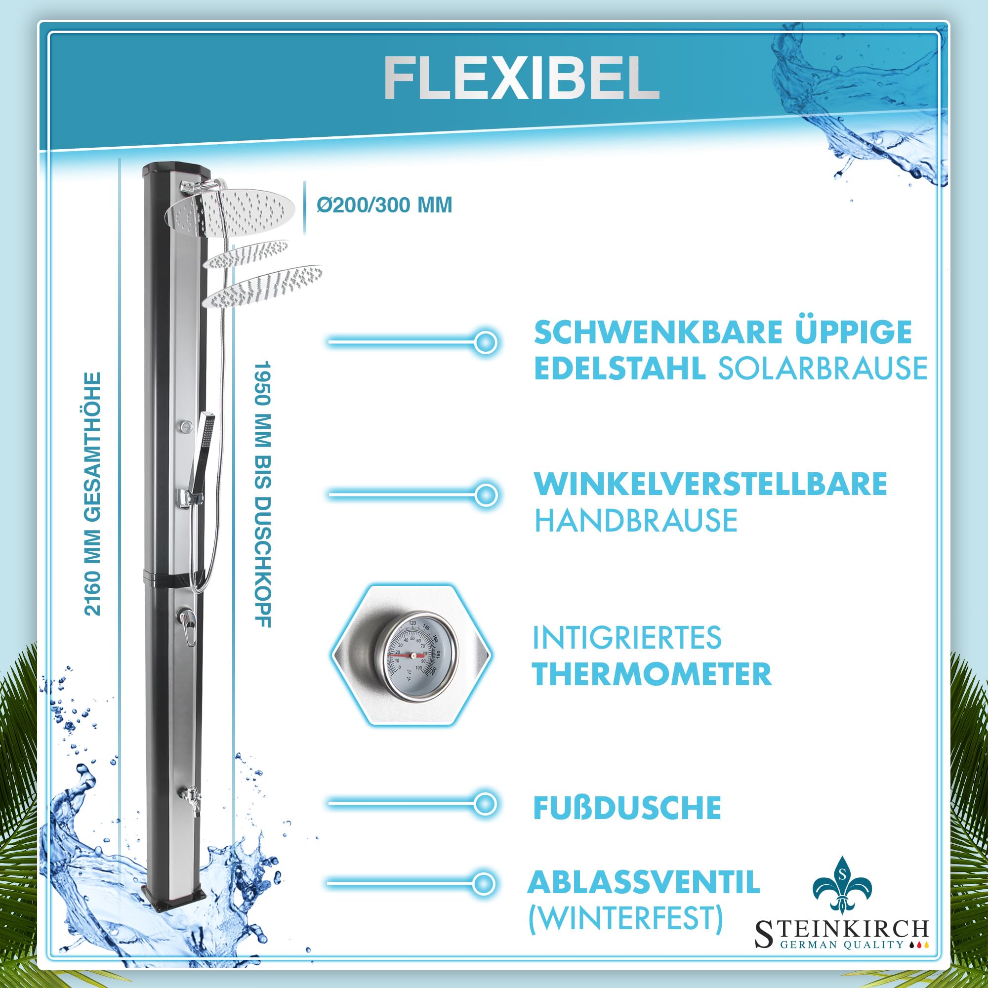 Solardusche Gartendusche Aussendusche Edelstahl Campingdusche 40l Outdoor Dusche Warmwasser Gartensolardusche Winterfest Handbrause Wasserhahn Thermometer XL Regenduschkopf 30 cm