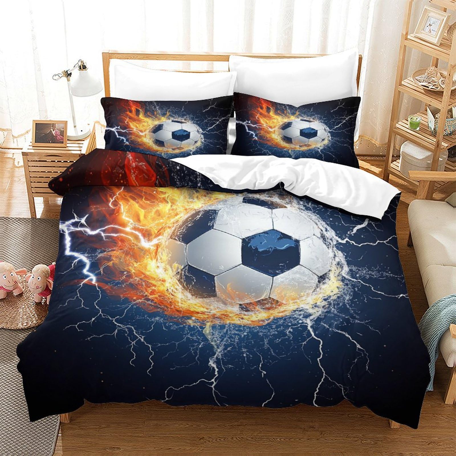 P1S9U7W5Y 3D Printed Dynamic Football Duvet Cover Set 3pcs Microfiber Lightning Soccer Bedding Set Double（200x200cm）