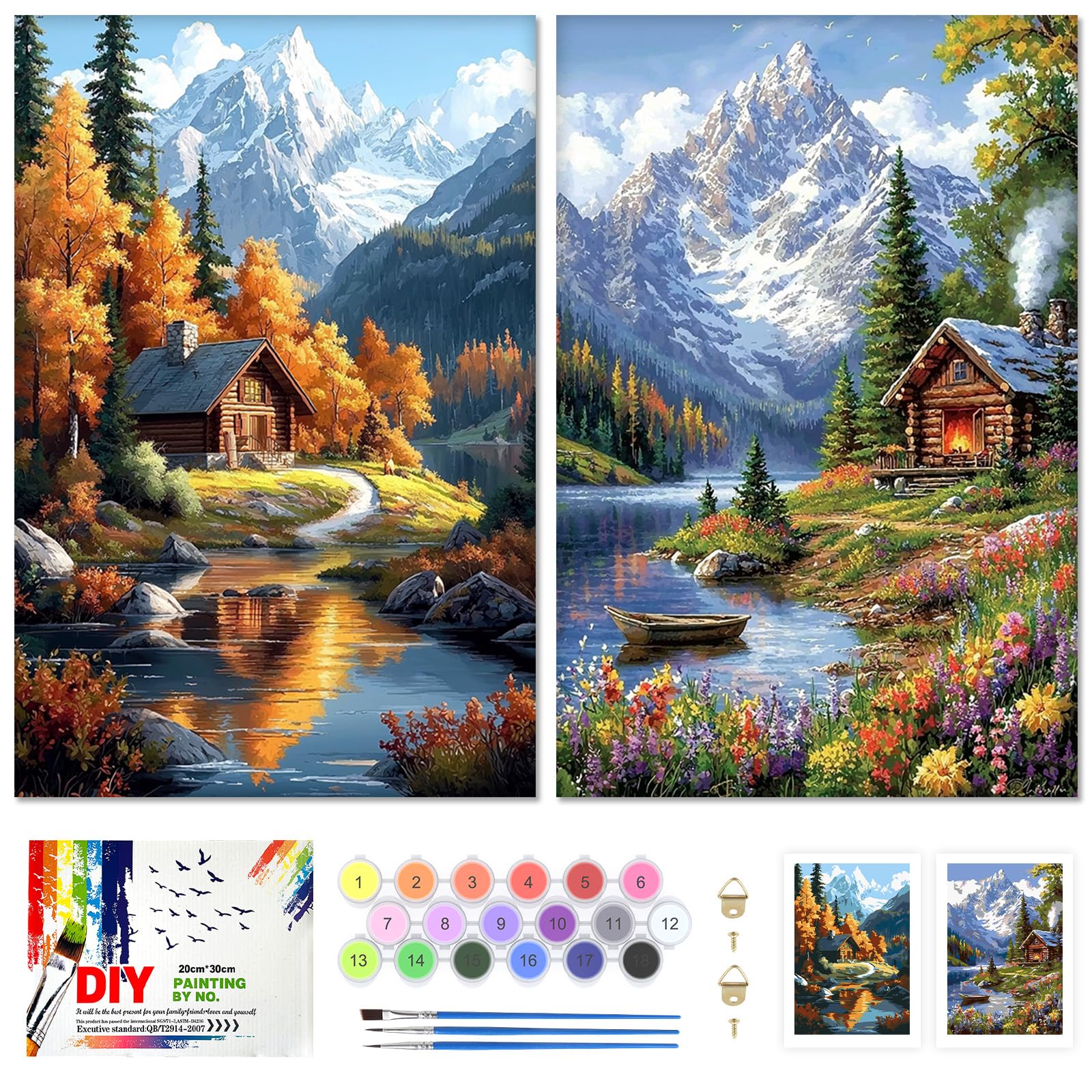 QENSPE 2 Pack Paint by Numbers Kit Snow Mountain, Stretched Canvas Boards for Painting for Adults Lake, Wrinkle-Free Acrylic Oil Painting for Students Beginners, Drawing Party Supplies (20x30 cm) — image 1