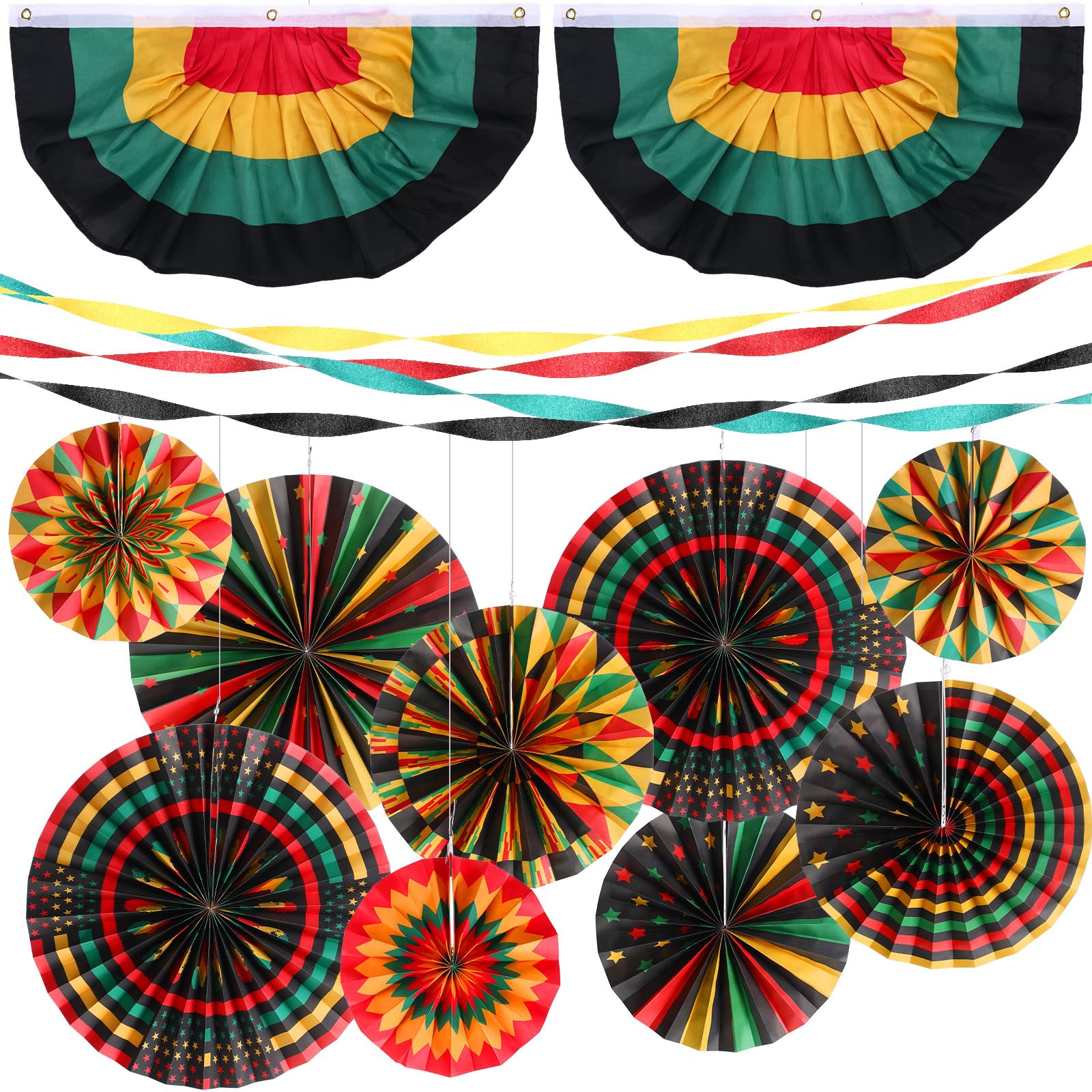 Outus 15 Pcs Black History Month Decorations with Bunting Fan Flags Hanging Paper Fan Paper Streamer Party Supplies African American Kente Classroom Bulletin Board Decor for Afro American Celebration