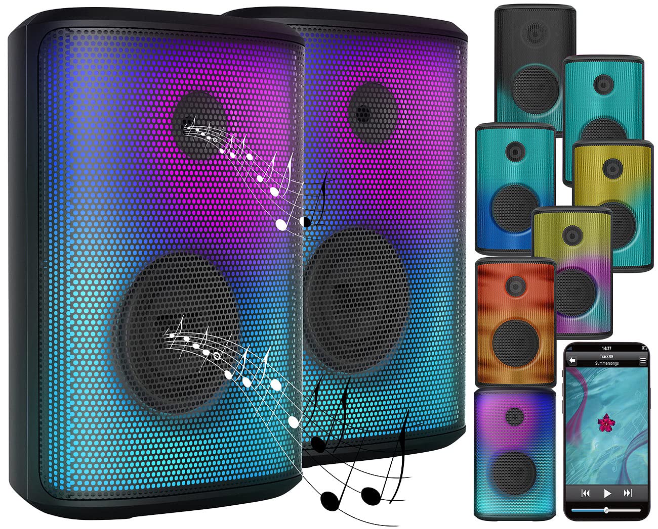 auvisio Box, Bluetooth: 2er-Set Mobile Outdoor-PA-Partyanlagen & -Bluetooth-Boomboxen, 200 W (Partyboxen, Party Anlage, DJ)