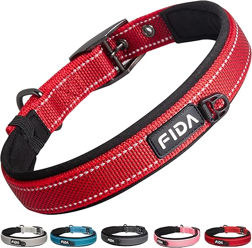 Fida Collar para perro resistente, ultra cómodo y acolchado de neopreno suave, collar de nailon reflectante ajustable para mascotas con hebilla de