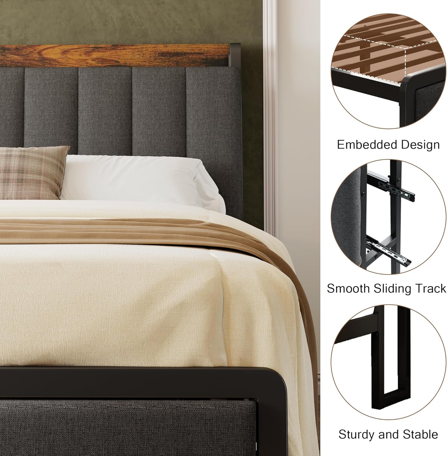 Close-up of the bed frame's steel slats and embedded design for mattress stability.