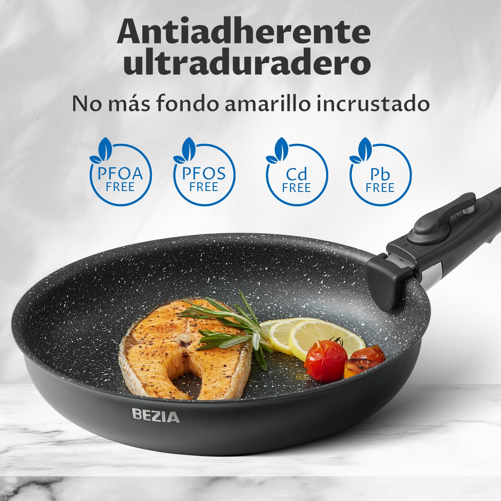 BEZIA Juego de Ollas y Sartenes 13 piezas, Sartenes Mango Extraíble, Batería de Cocina Antiadherente, sin PFOA y PFOS, apilable para todo tipo de cocinas, apto Lavavajillas y Horno