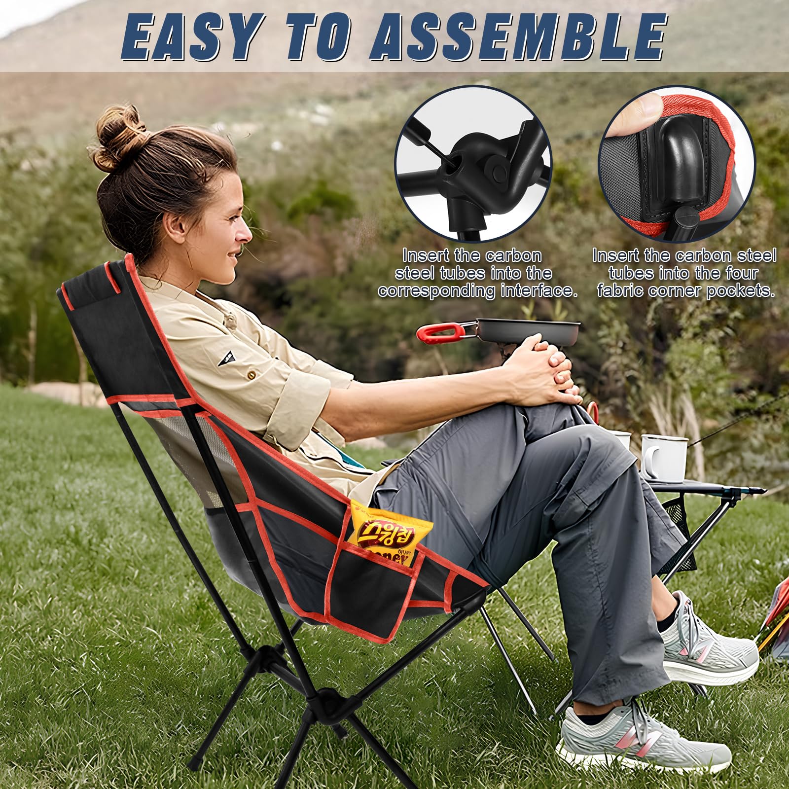 Silla Plegable Camping, Silla Plegable Ultraligera y Portátil, Silla de Camping con Bolsa de Almacenamiento, Capacidad 150 kg, para Barbacoa, Picnic, Pesca, Playa, Senderismo (Negro)