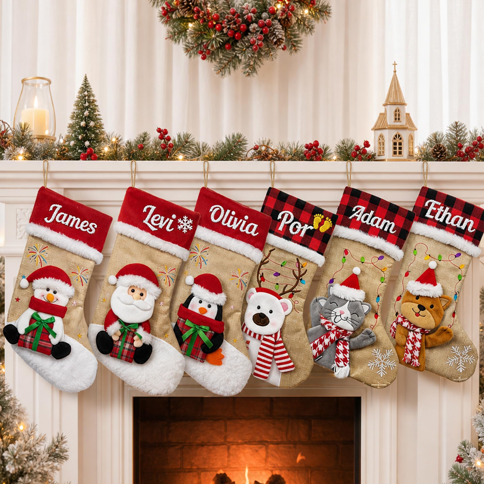 mememom Personalised Christmas Stockings with Name,46cm Large Custom Xmas Stockings with 3D Santa Snowman Reindeer Dog Cat for Family Kids Pet Hanging Decor (Style 13-1 Pack)