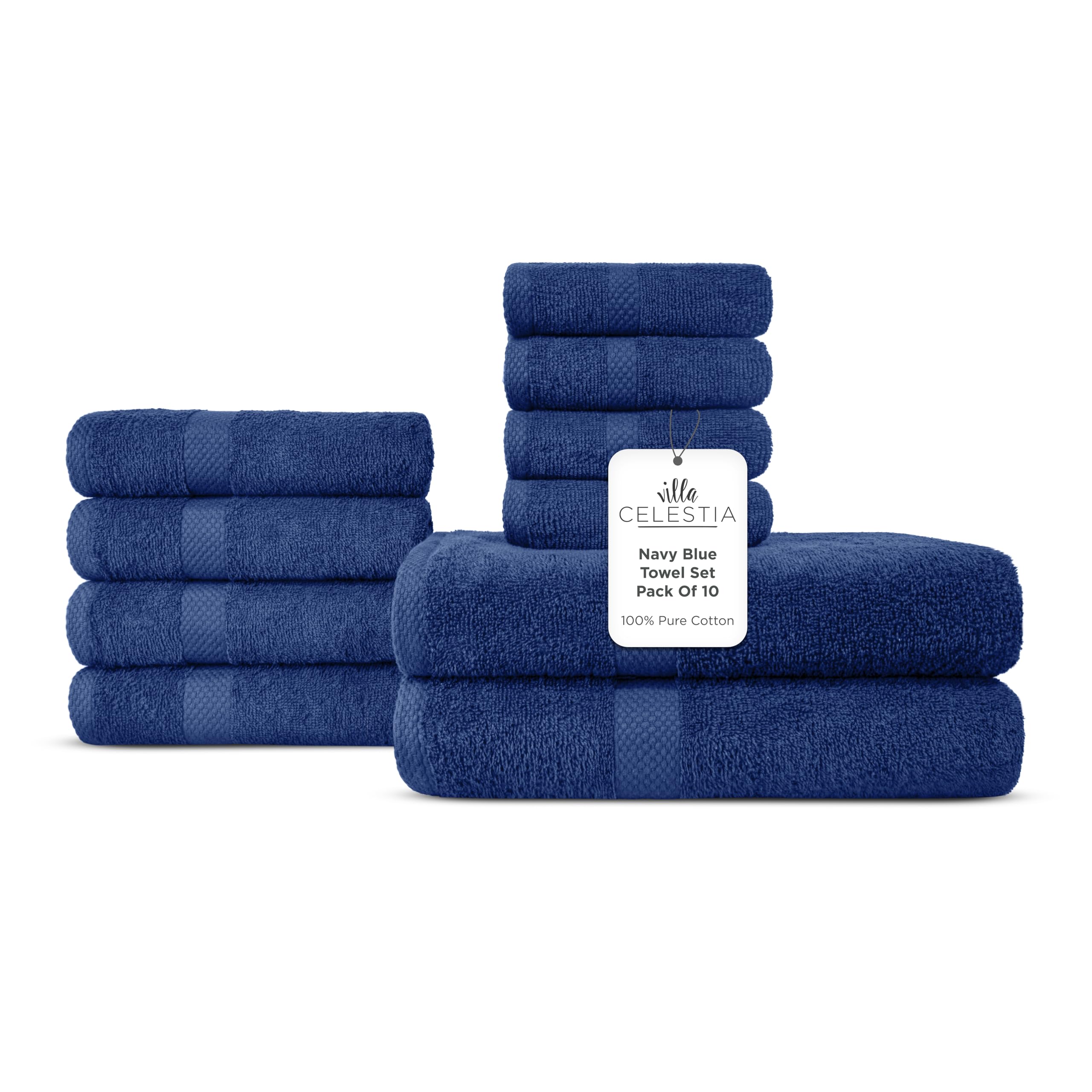 Villa Celestia 10-Piece 100% Cotton Towel Set, 2 Bath Towels, 4 Hand Towels, 4 Wash Cloth, Quick-Dry, Navy Blue