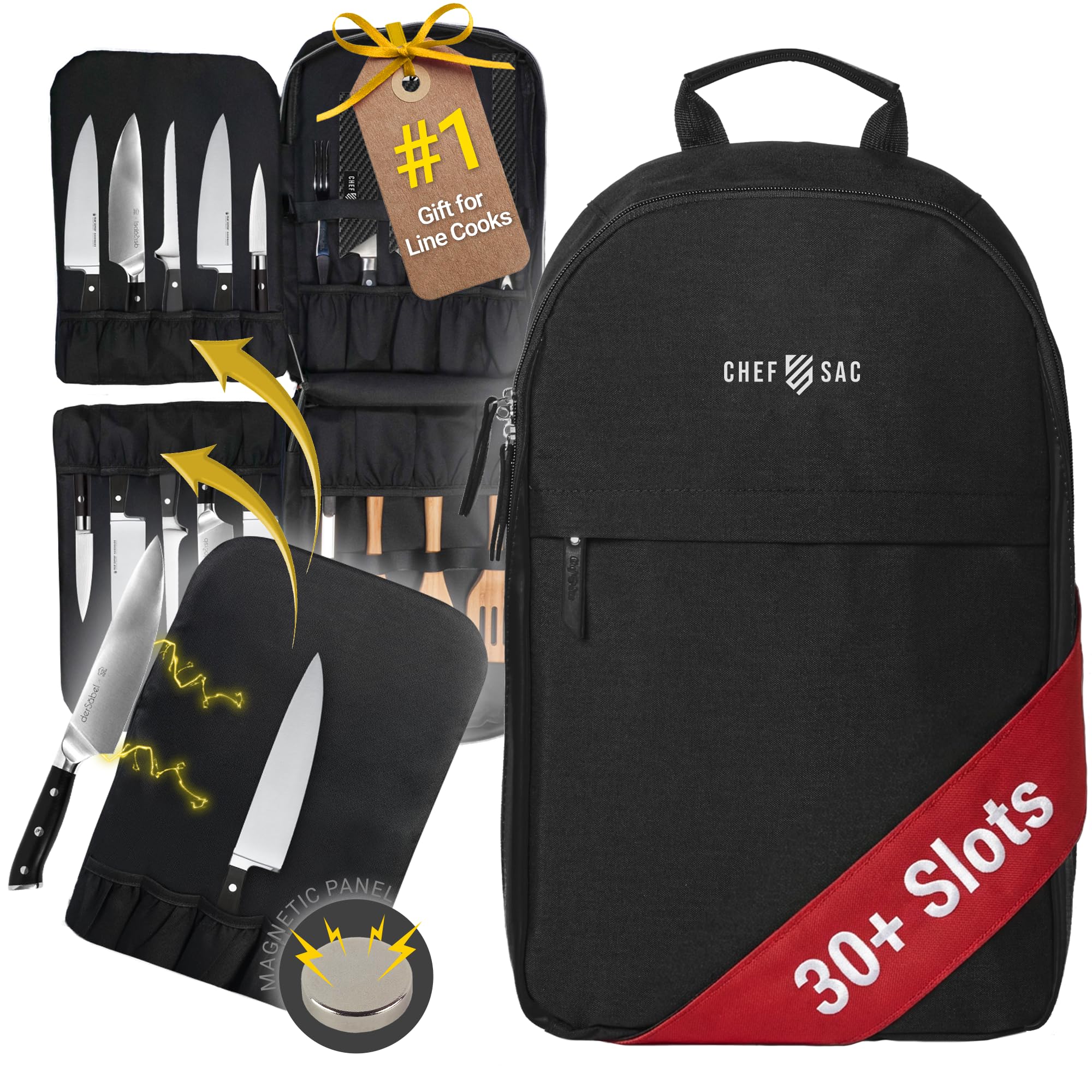 Magnet Chef Knife Backpack | 20+ Pockets for Knives & Tools | Large Pocket for Tablet & Notebooks | Knife Backpack for Chefs (Black)