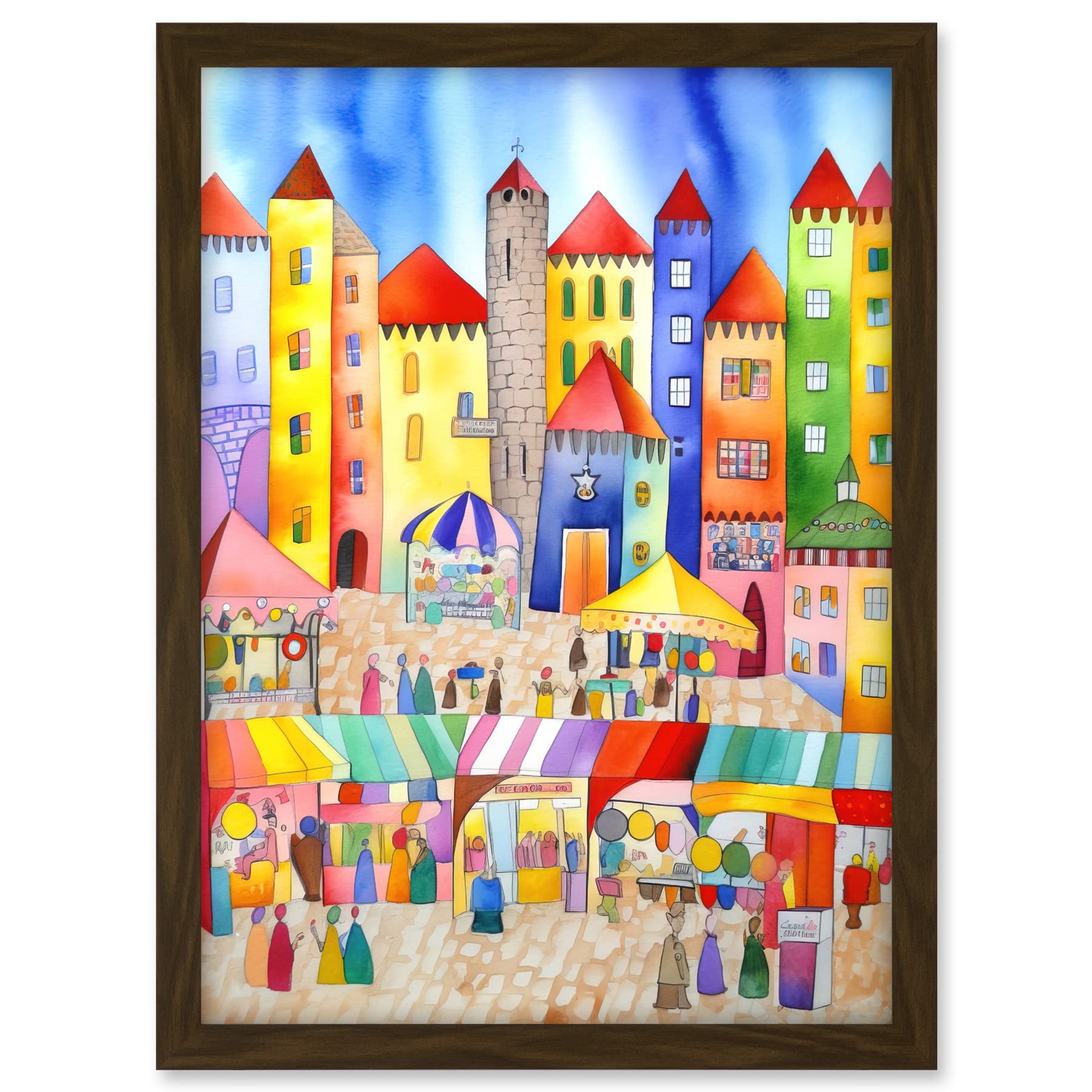 Artery8 Market Square Scene Folk Art Watercolour Painting Artwork Framed A3 Wall Art Print