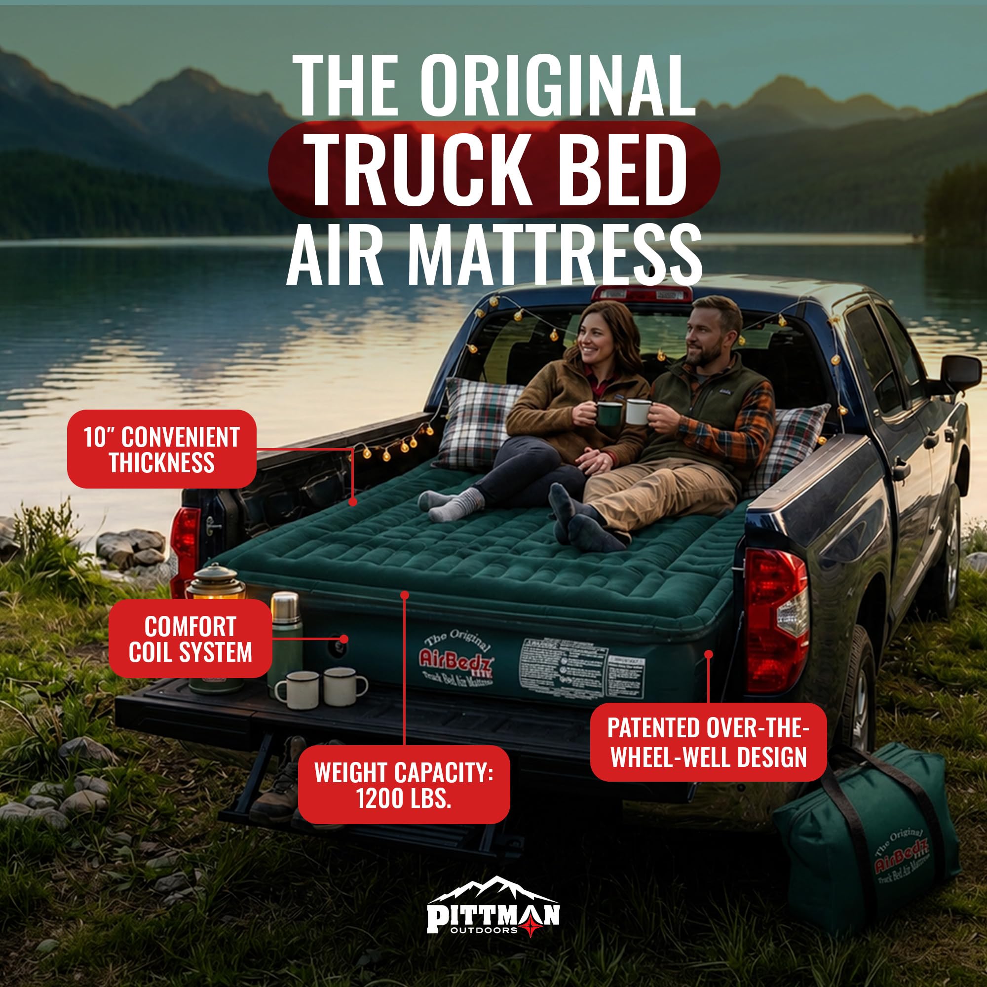 Pittman Outdoors AirBedz Lite PPI PV202C pełny rozmiar, krótki 15-16,5 cm materac dmuchany z pompką przewodową DC (180 x 150 cm napompowany), zielony, pełnowymiarowe łóżka