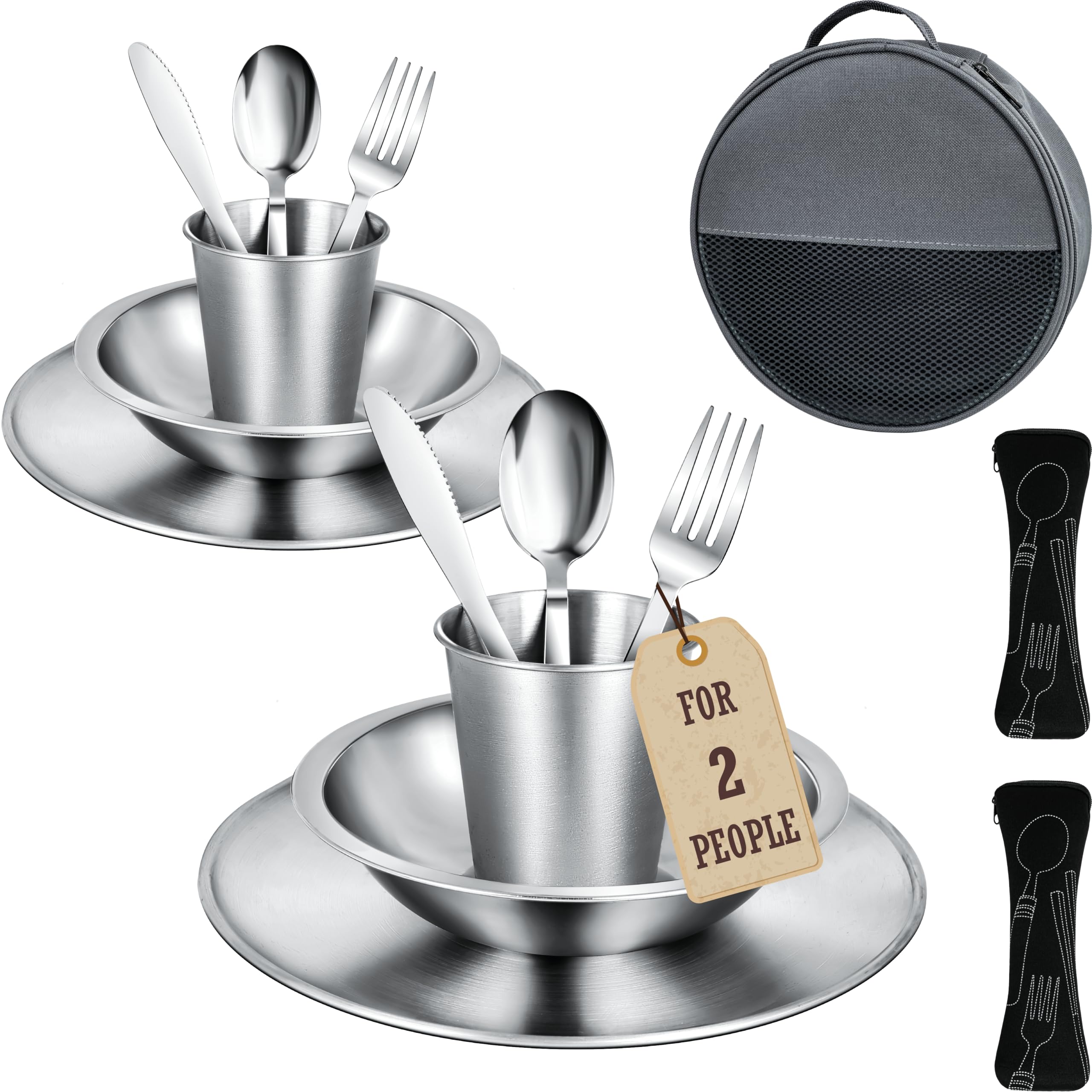 Camping Cutlery Set for 2 – Portable Tableware kit with Stainless Steel Cutlery, Plates, Bowls and Cups. Includes Bag & Pouch. Outdoor Utensils for Picnic, BBQ, Caravan, Camp. [15 Pieces for 2 People] — image 1
